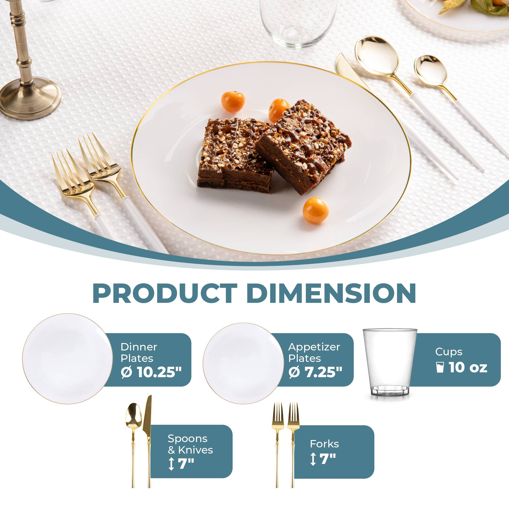 White and Gold Plastic Party Bundle - Eco-Friendly Disposable Tableware Set for Birthday, Wedding & Holiday Celebrations - Perfect for Outdoor Picnics, BBQs and Festive Gatherings