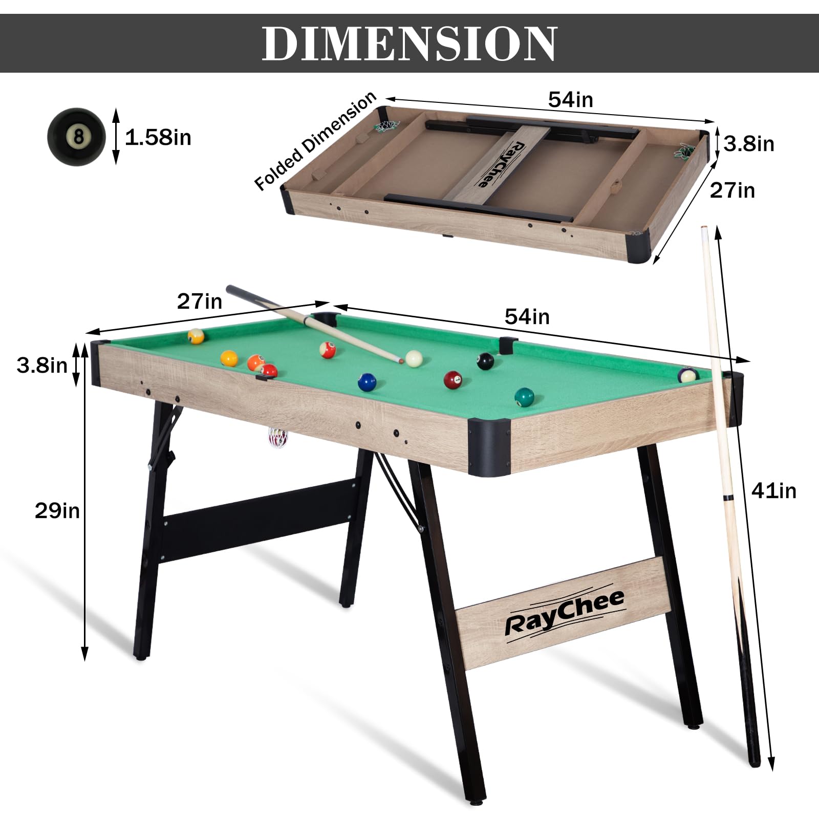4.5ft Folding Pool Table for Kids & Adults - Portable Billiards Game Set with 2 Cue Sticks, 16 Balls, Triangle & Chalk - Indoor/Outdoor Family Game Room Entertainment for Parties & Recreation
