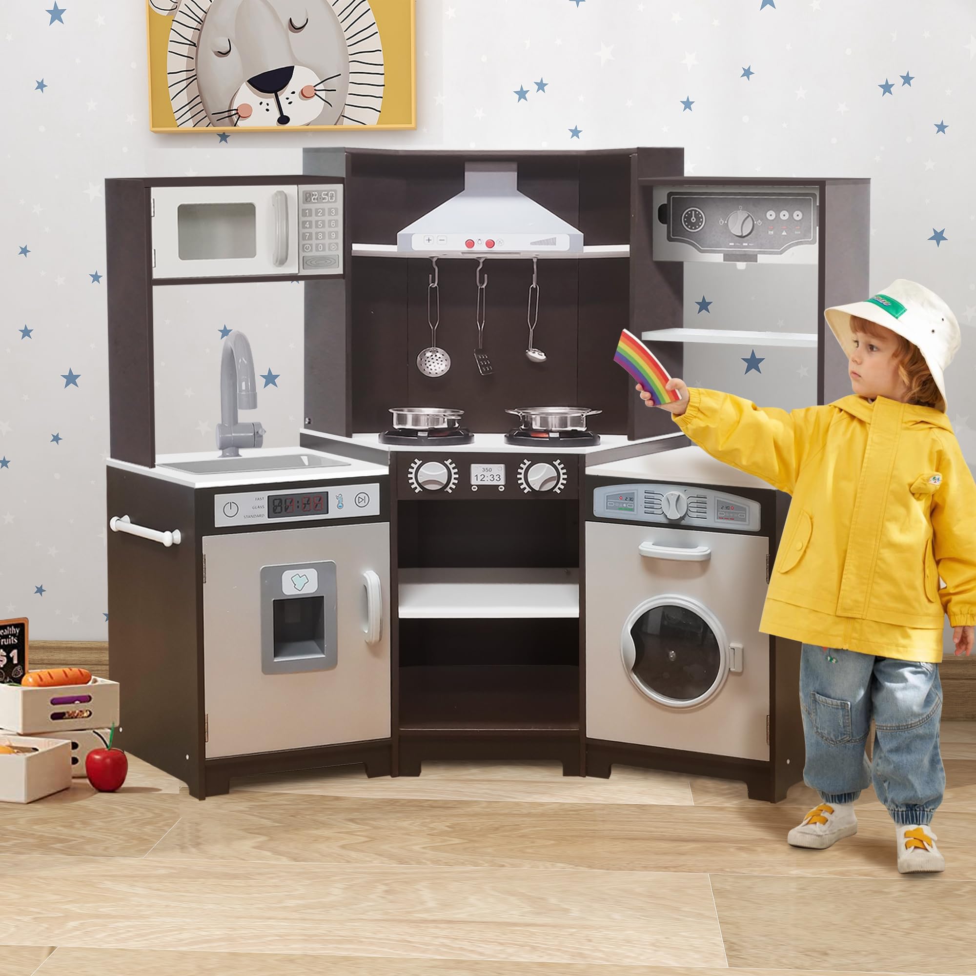 TaoHFE Wooden Play Kitchen Set for Kids - Interactive Pretend Play with Lights, Sounds, Washing Machine & Range Hood - Toddler Kitchen Toys for Boys & Girls Ages 3+ - Perfect for Home, Preschool & Daycare Role Play Activities