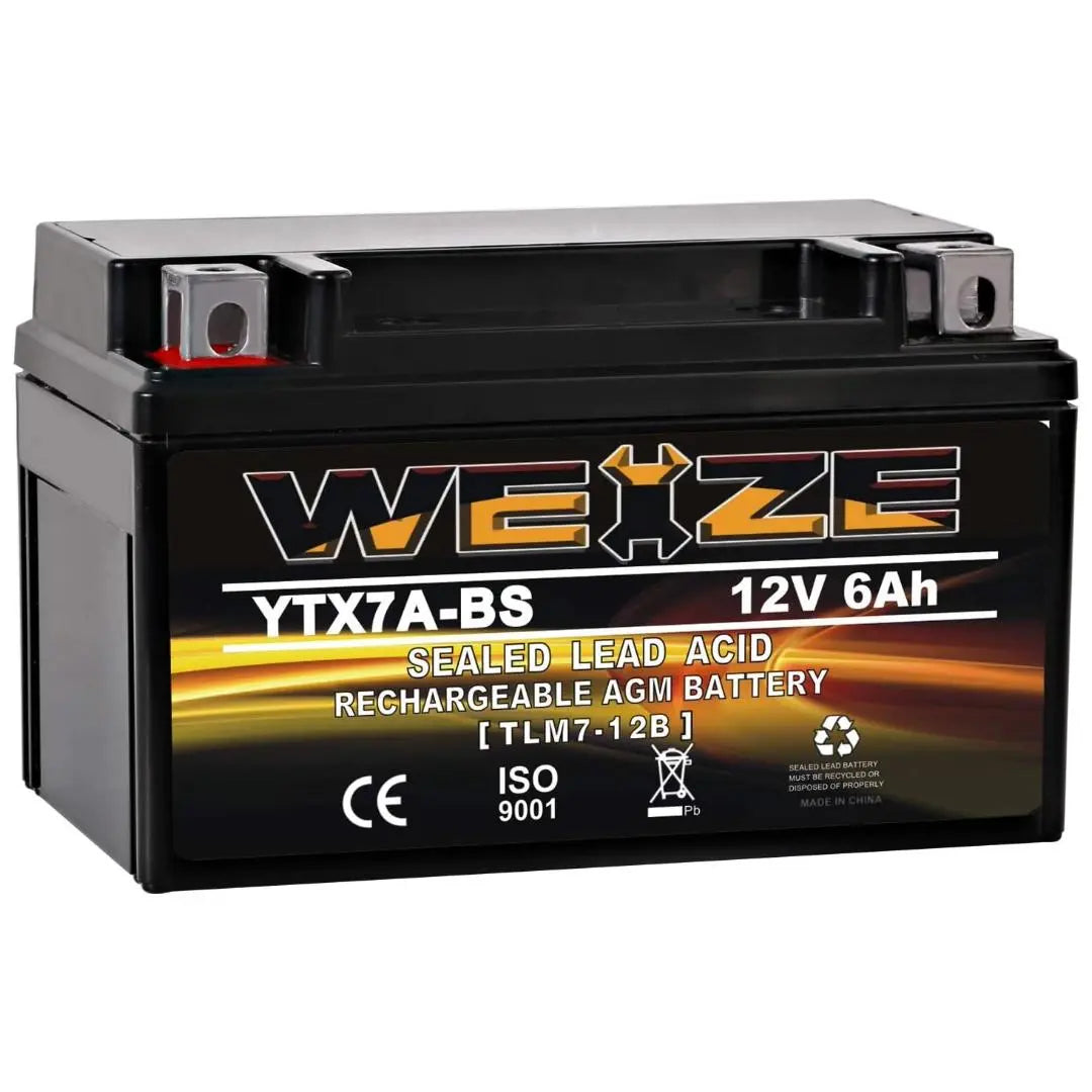 WEIZE YTX7A-BS 12V 6Ah High Performance AGM Motorcycle Battery - Maintenance Free, Sealed Lead Acid - Compatible with 50CC 125CC Gas Scooters & Mopeds (GY6 Engine) - Perfect for Honda, Yamaha, Kymco & More - Ideal for Urban Commuting & Delivery Riders