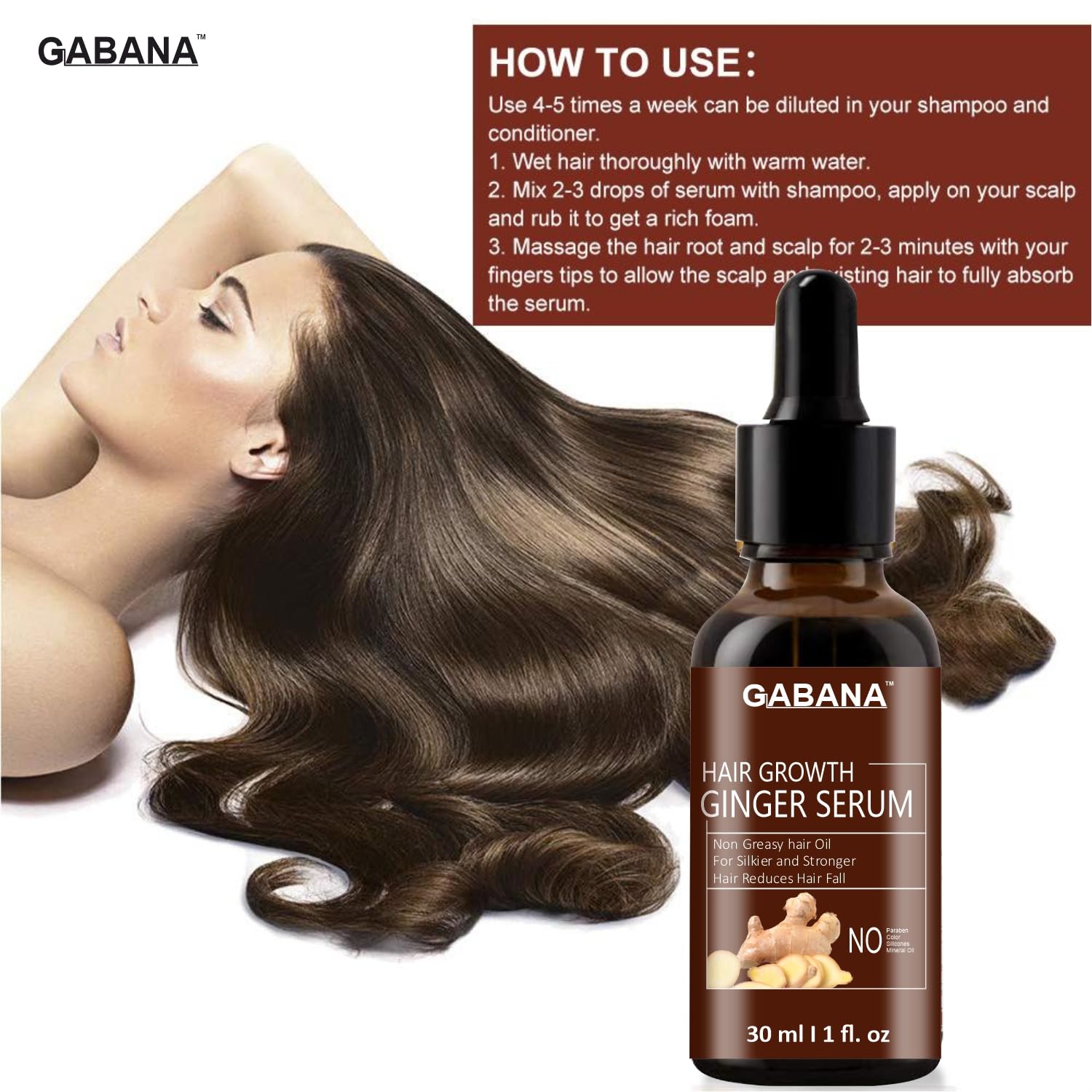 GABANA Hair Growth Ginger Serum for Men & Women - 3 Pack (30ml Each) | Natural Hair Loss Treatment for Strong, Silky & Frizzy Hair | Promotes Hair Regrowth & Thickness | Perfect for Daily Hair Care Routine & Scalp Massage