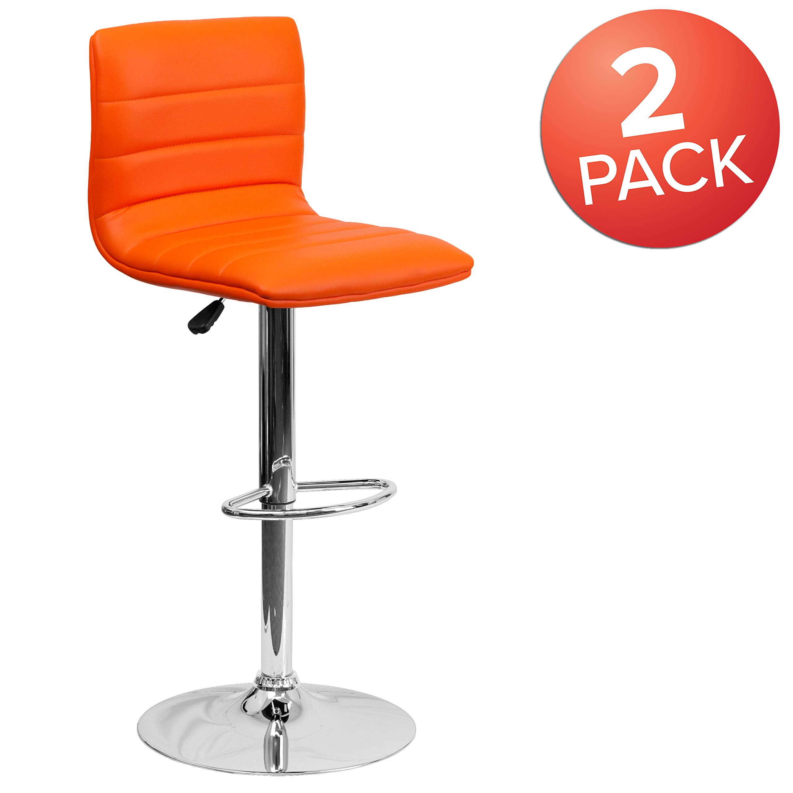 2 Pack Orange Vinyl Adjustable Height Bar Stools with Horizontal Stitch Back - Modern Kitchen Counter Stools for Dining Room, Breakfast Nook & Home Bar Decor