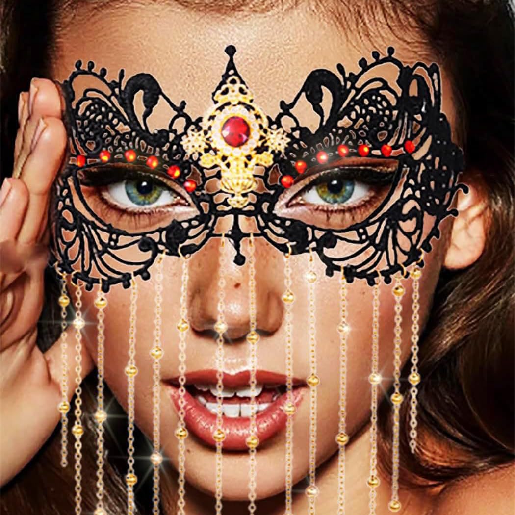 Elegant Rhinestone Masquerade Mask with Tassel & Beaded Details - Crystal Lace Costume Mask for Women | Perfect for Mardi Gras, Halloween Parties & Venetian Balls