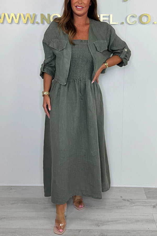 Stylish Solid Color Casual Short Jacket with Suspenders & Pleated Maxi Dress Set for Women | Perfect for Spring Outfits, Date Nights & Office Wear