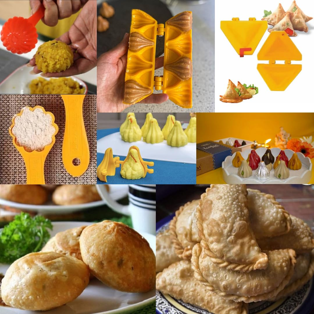 Skytail Prasad Laddoo Mould & 4-Slot Samosa Kachori Maker - Plastic Modak Sancha for Indian Sweets, Chocolate, Gujhia - Perfect for Ganesh Chaturthi, Diwali Festivals & Home Cooking