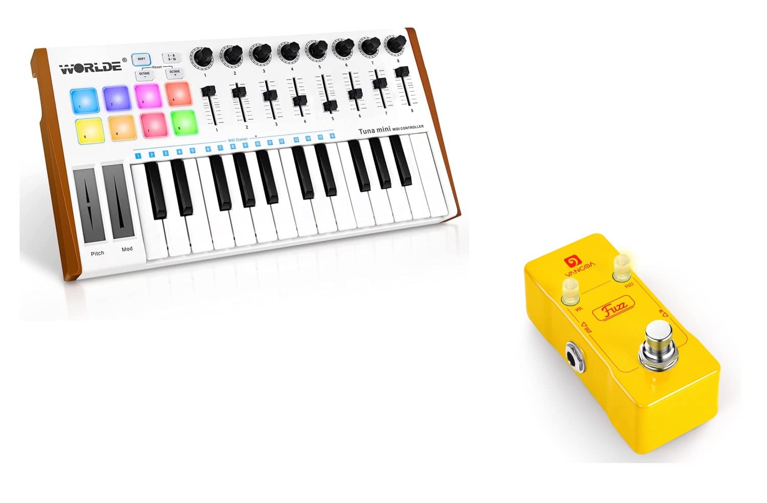 Vangoa Worlde Tuna Mini MIDI Keyboard Controller Bundle with Fuzz Pedal - Portable Music Production for Home Studio, Live Performance & Electronic Music Creation