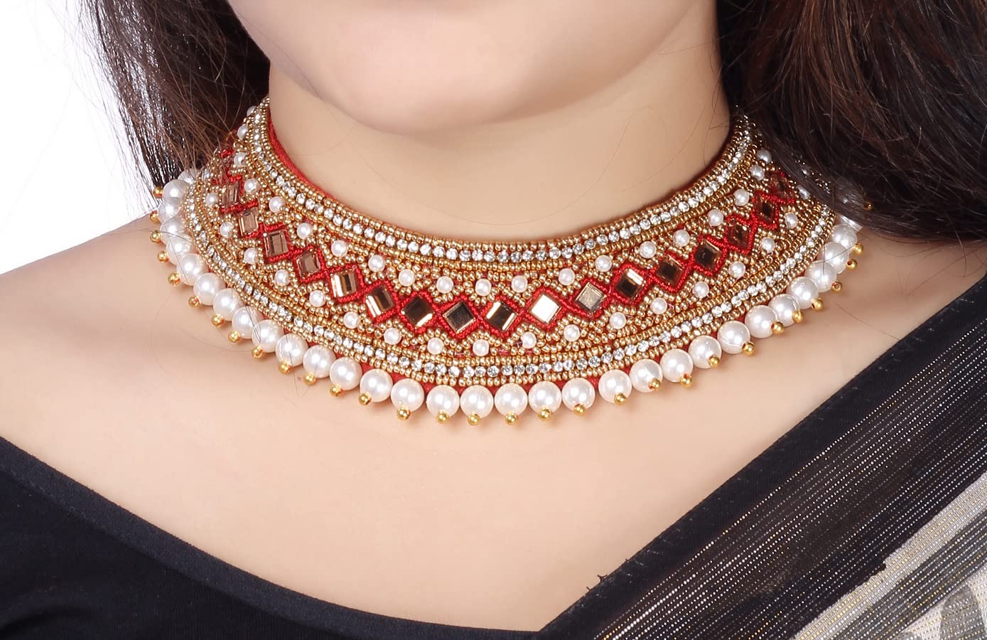 VAMA Fashions Red Zardosi Embroidery Thread Work Kapada Cloth Necklace Jewelry Collar Neck Choker Set for Women & Girls - Perfect for Weddings, Parties, and Festive Occasions