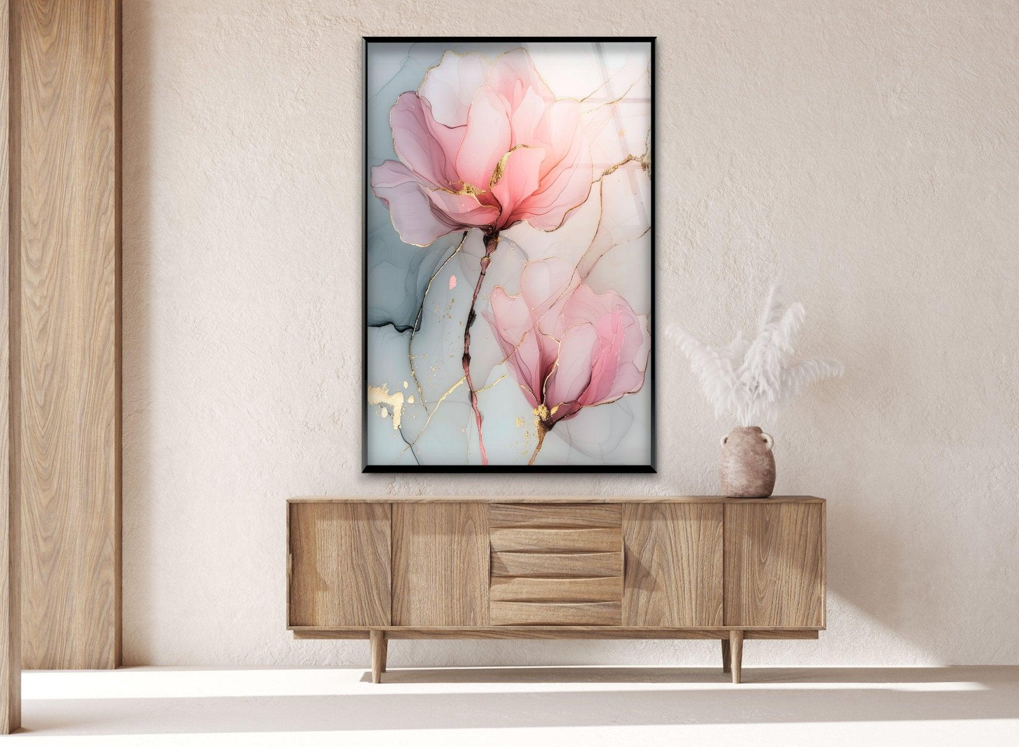 Vibrant Pink Flower Alcohol Ink Glass Wall Art - Handmade Modern Home Decor for Living Room, Bedroom, or Office