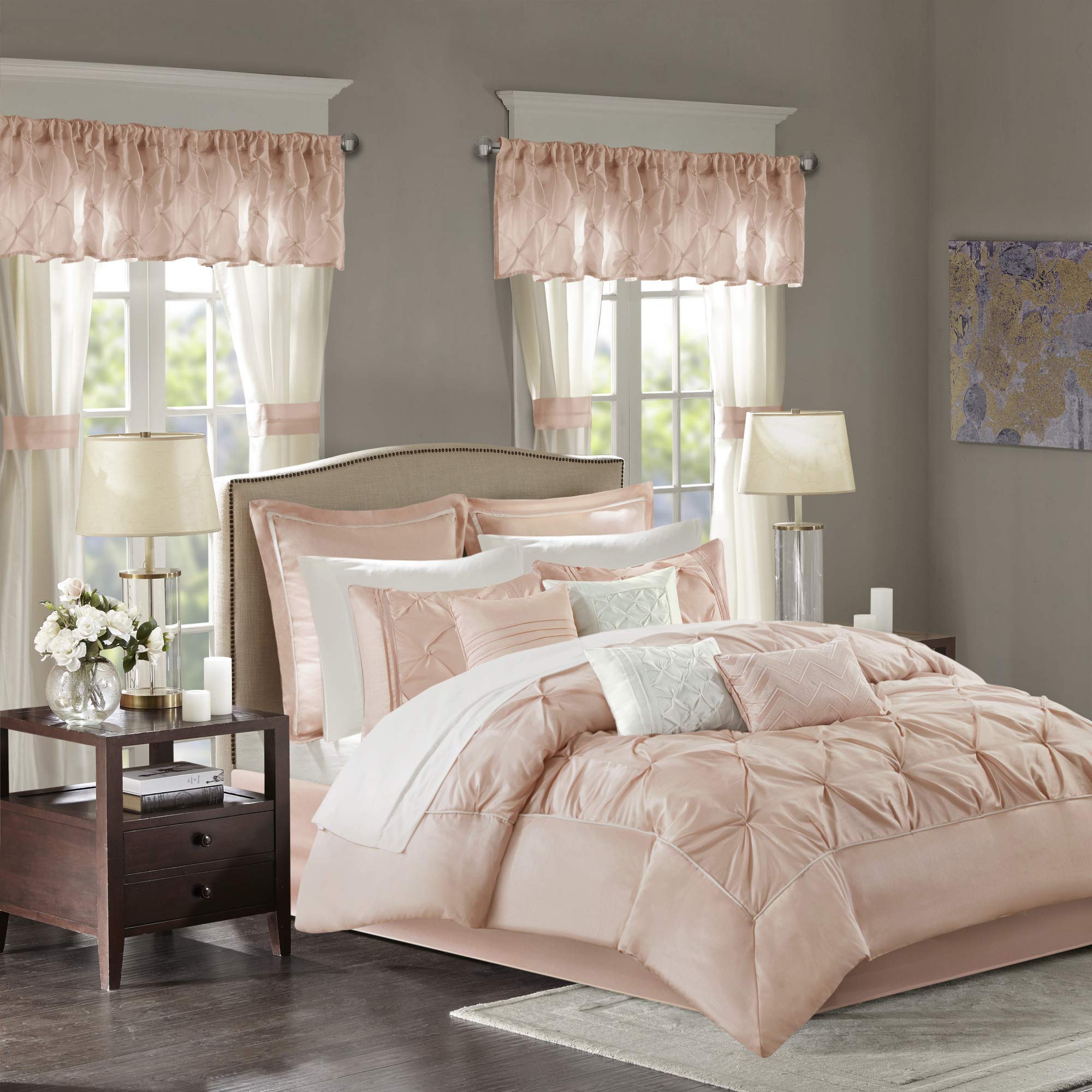 Madison Park Essentials 24-Piece Faux Silk Comforter Set with Luxe Diamond Tufting - All Season Queen Bedding (90