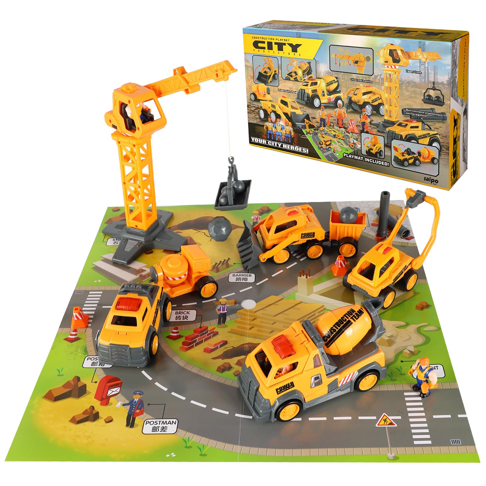 Kids Construction Site Toy Set with Crane, Bulldozer & Cement Mixer Truck - STEM Learning Engineering Playset for Boys & Girls - Perfect for Pretend Play, Birthday Gifts & Classroom Activities
