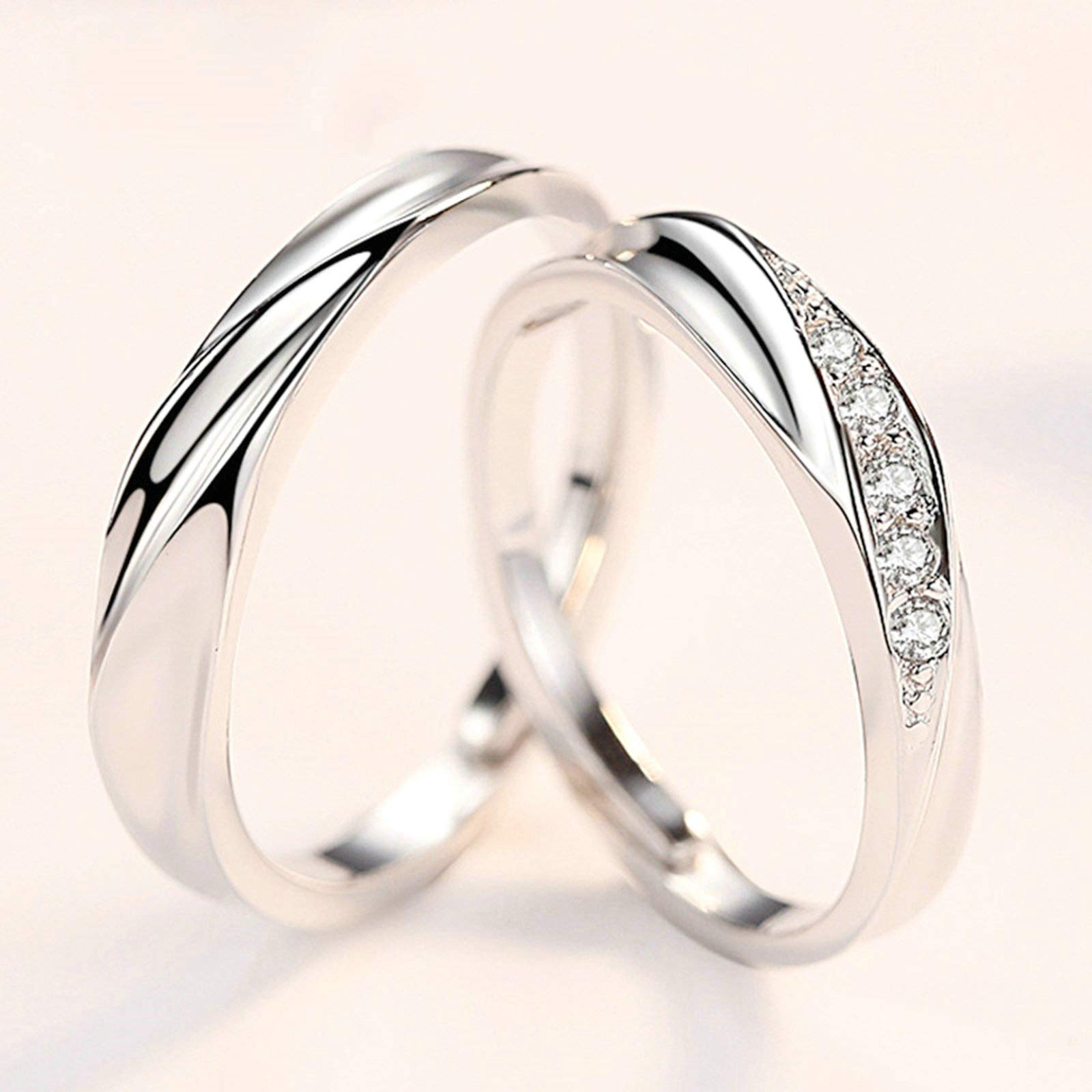 Beydodo Sterling Silver Matching Couple Rings Set with Cubic Zirconia - Adjustable Wedding Bands for Him & Her - Perfect for Anniversaries, Engagements and Romantic Gifts