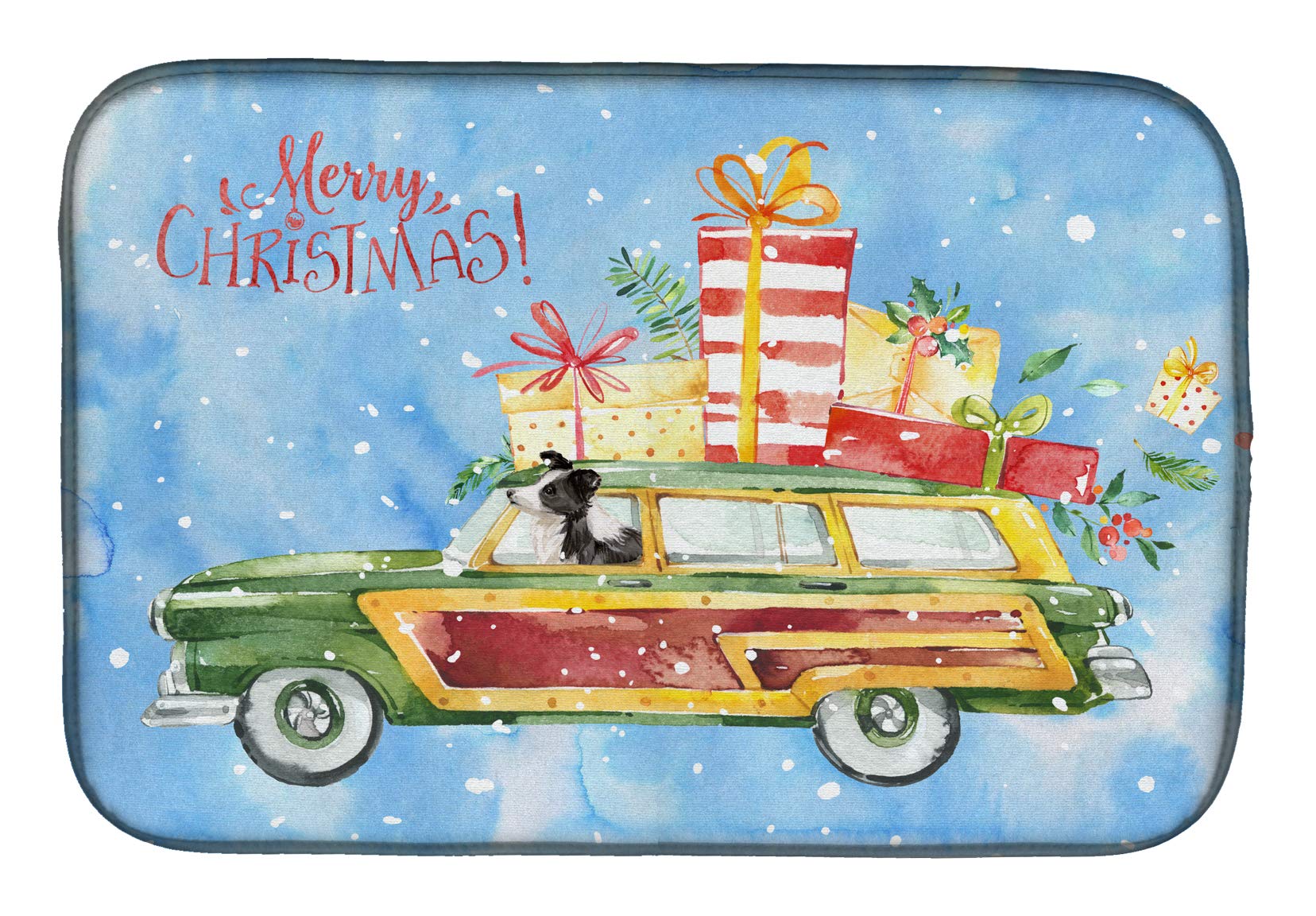 Christmas Border Collie Dish Drying Mat - Absorbent Kitchen Counter Pad (14x21