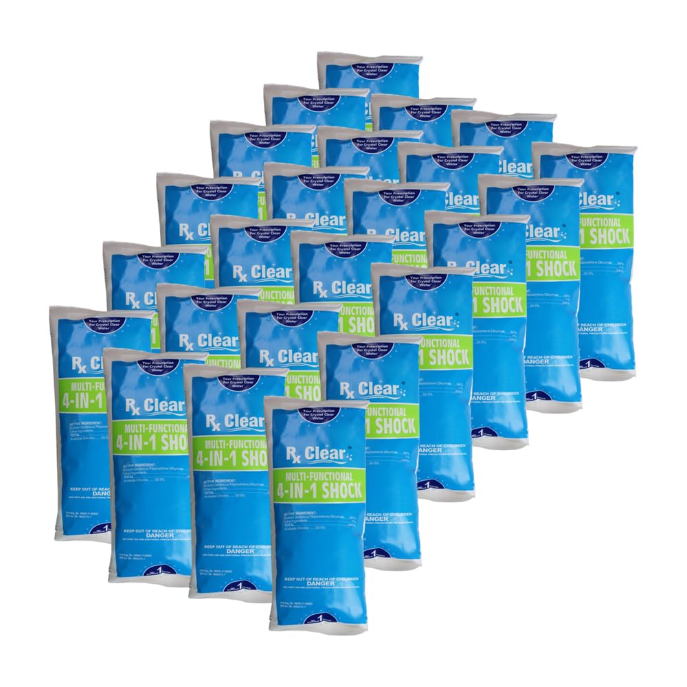 Rx Clear 4-in-1 Pool Shock Treatment - 99% Sodium Dichloro-s-Triazinetrione Dihydrate - Kills Bacteria & Algae Fast - 1lb Bags (24 Pack) - Perfect for Inground & Above Ground Pools, Hot Tubs, Spas & Water Features