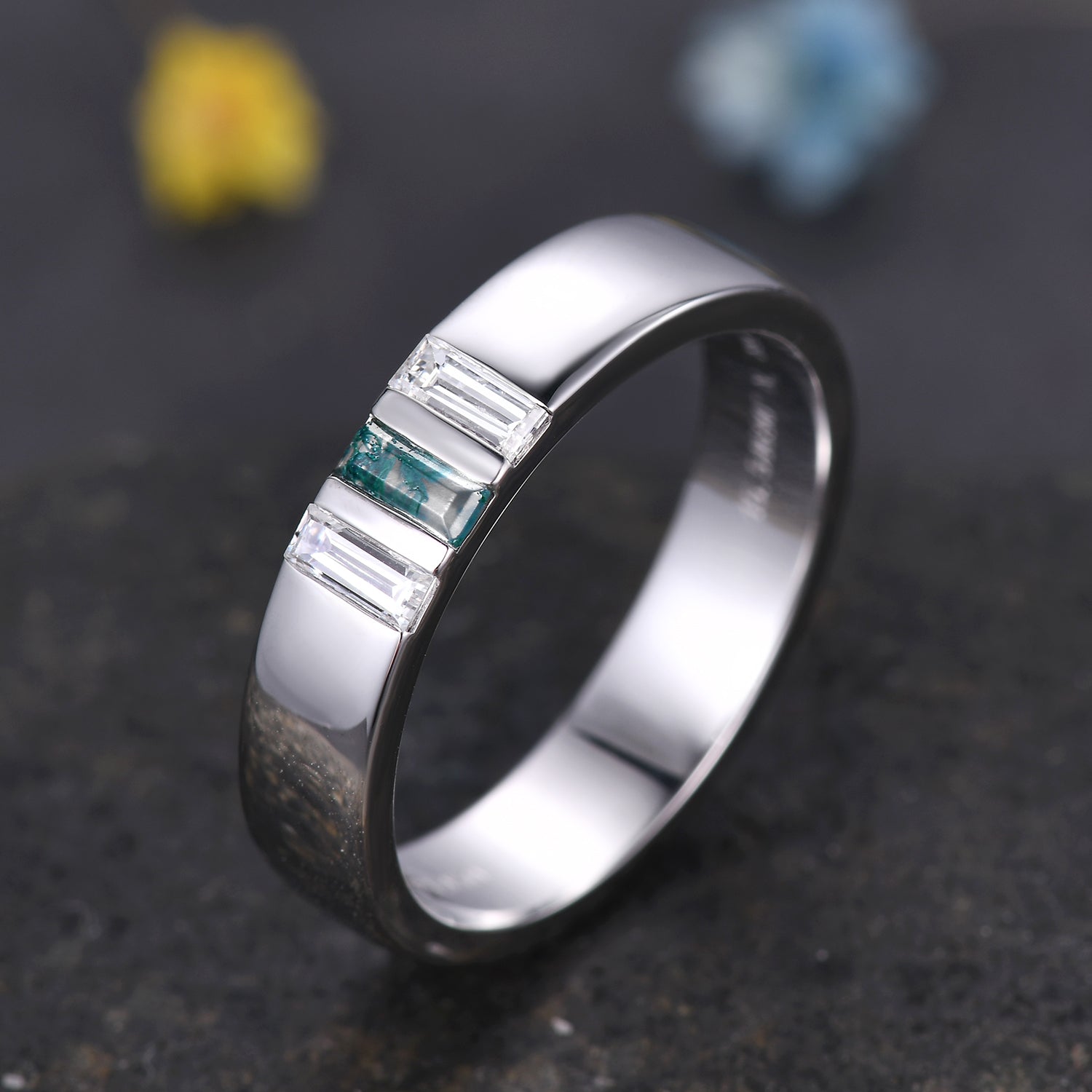 Men's Moss Agate White Gold Wedding Band - 3 Stone Baguette Cut 5mm Ring for Engagement, Anniversary & Special Occasions