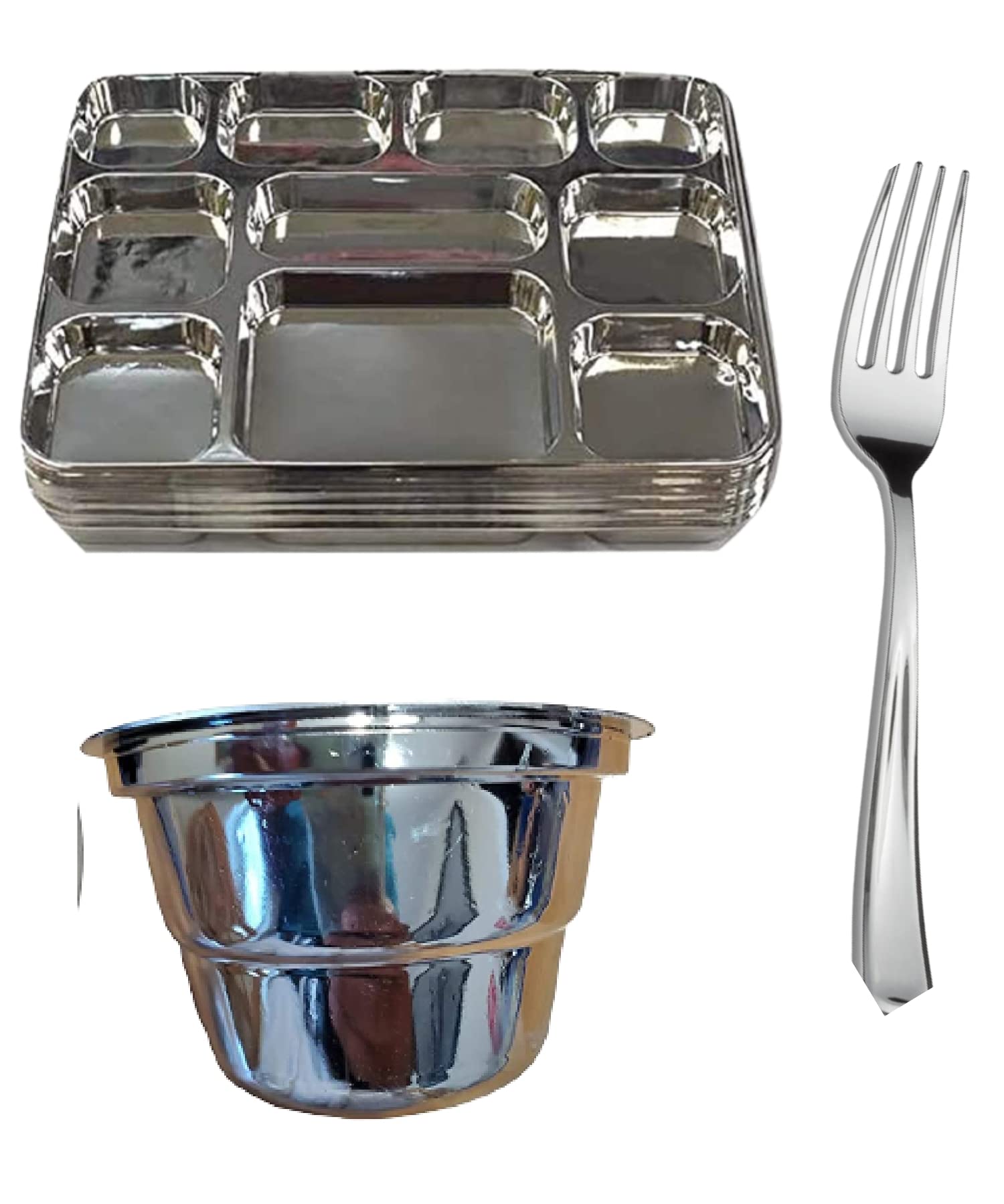 100-Pack Disposable 10-Compartment Silver Thali Plates with Forks & Bowls - Premium Indian Party Trays for Puja, Weddings, Catering & Large Gatherings | Eco-Friendly & Stylish Serving Solution