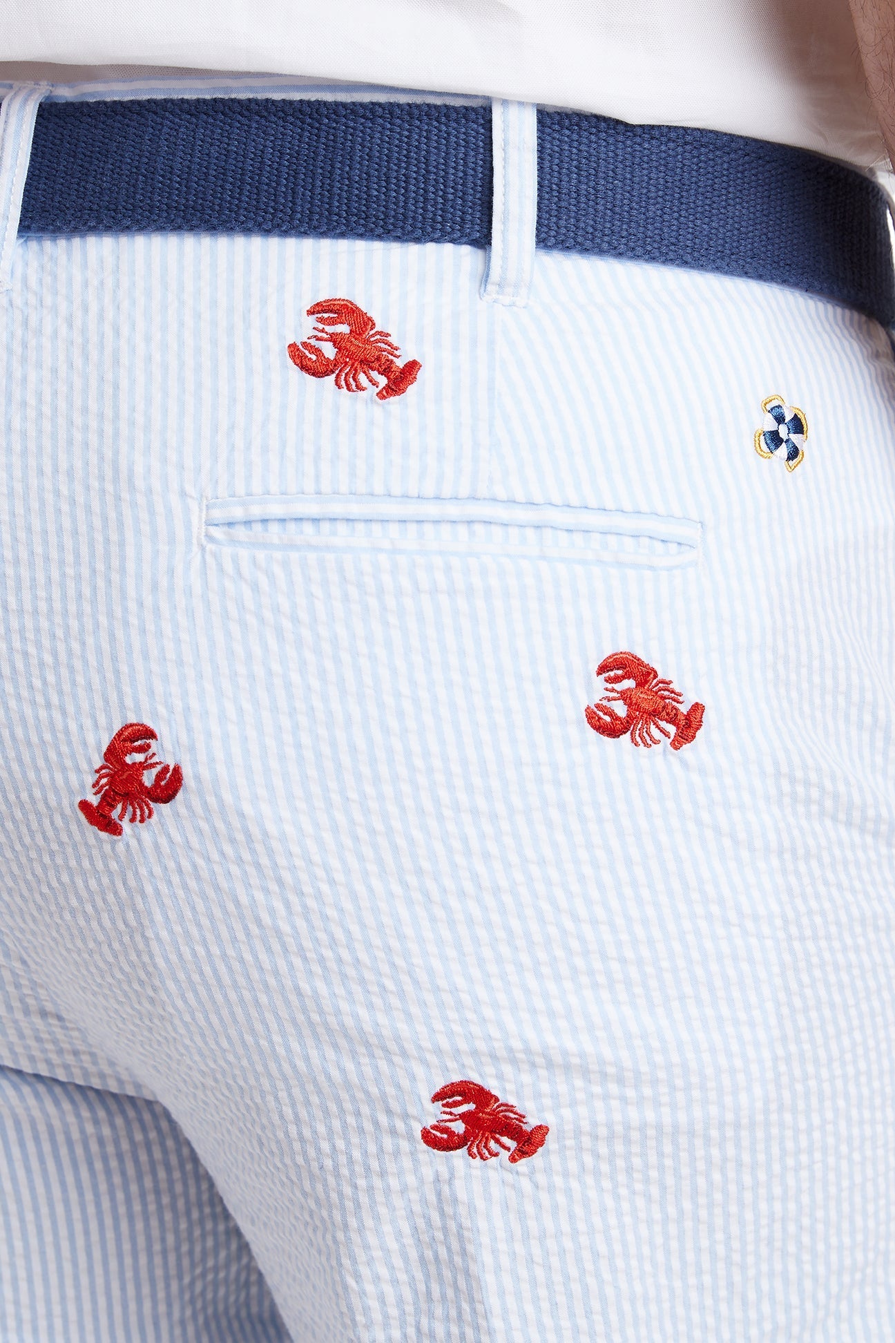 Men's Blue Seersucker Harbor Pants with Lobster Print - Casual Summer Beachwear for Outdoor Activities and Vacations
