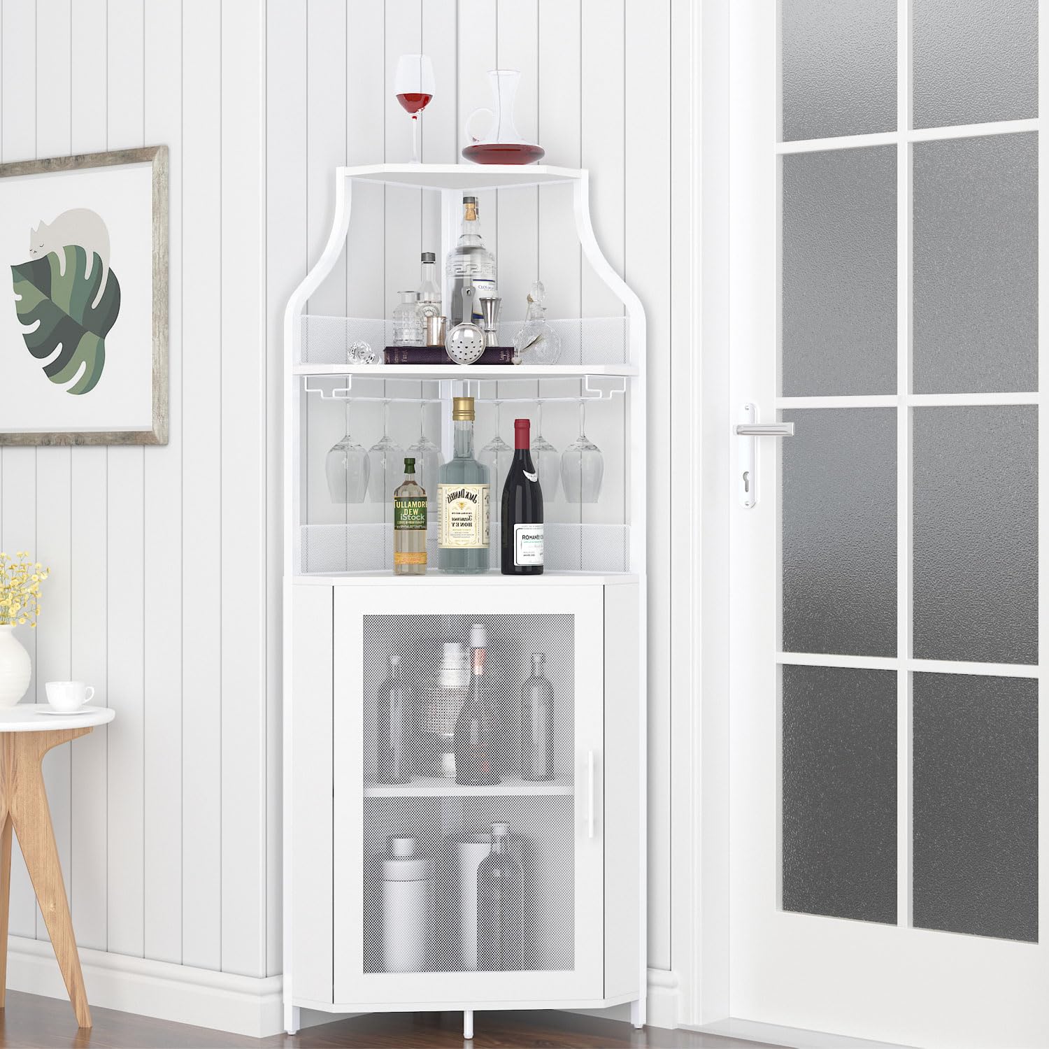 GAOMON 4-Tier White Corner Wine Bar Cabinet with Large Storage Space, Removable Wine Rack & Mesh Door - Perfect for Home Bar, Kitchen, Dining Room & Living Room Storage