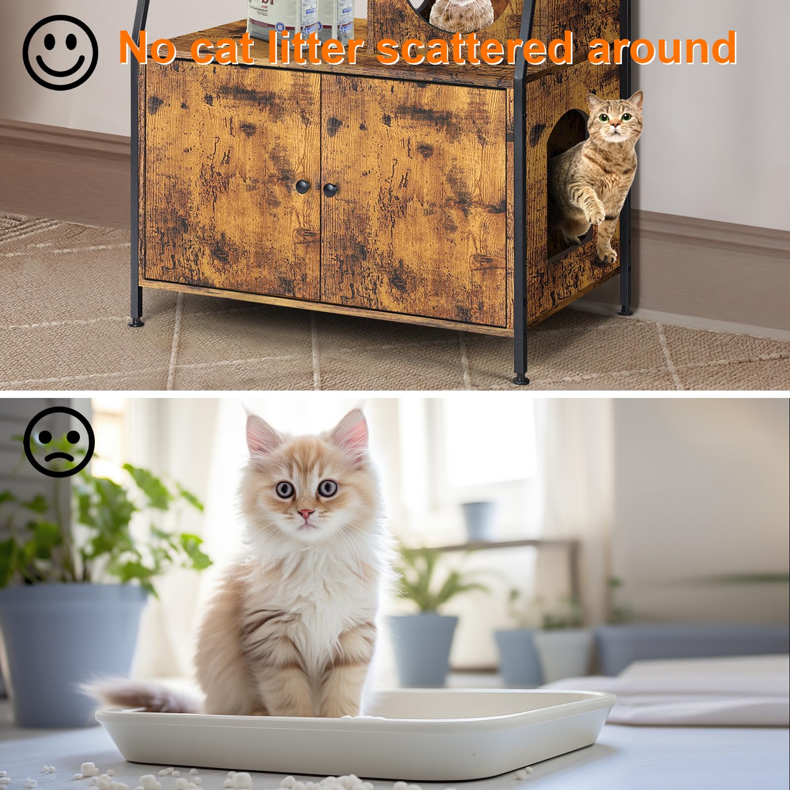 Melos Cat Litter Box Enclosure Furniture with 2 Storage Shelves & Charging Station - Hidden Litter Box Cabinet with Cat Tree Tower - Multi-Functional End Table for Living Room, Bedroom, Office - Modern Brown Cat Washroom Furniture for Home Decor
