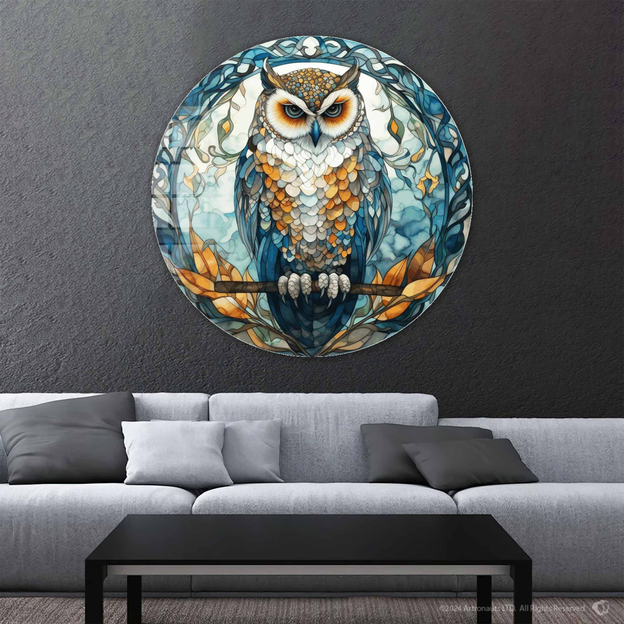 Stained Owl Rounded Glass Wall Art - Handmade Decorative Glass Panel for Home & Office Decor - Perfect for Living Room, Bedroom, or Gift Giving