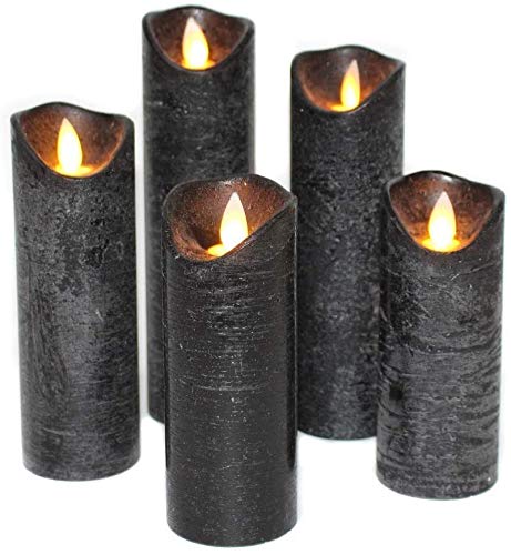 Flickering LED Flameless Pillar Candles with Remote Control - Water Wave Effect, Timer Function, Set of 5 Black Candles - Perfect for Home Decor, Weddings, and Relaxation