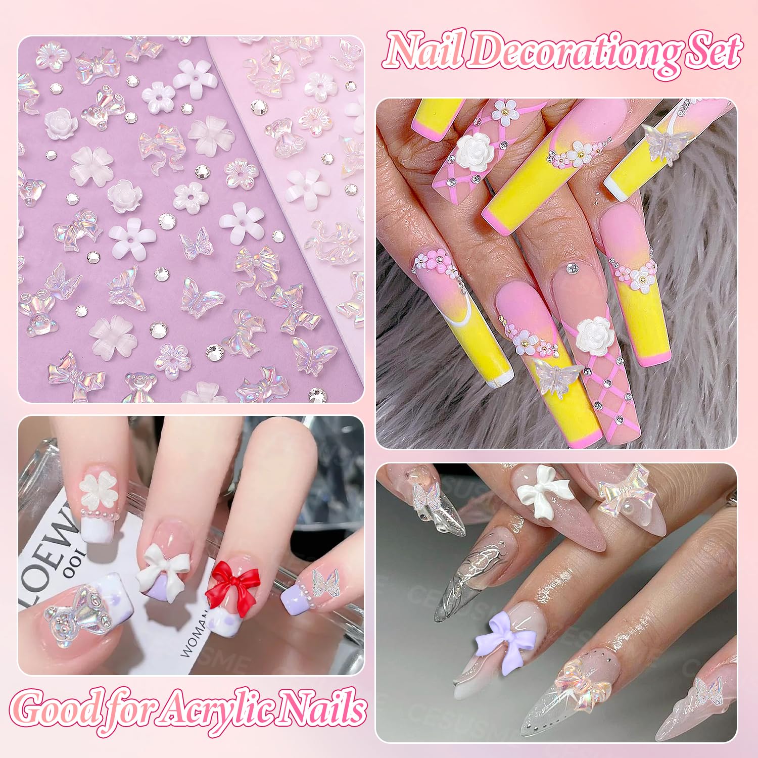 3D Color Flowers Nail Bows Charms - 3 Boxes White Rose Flower & Polar Butterfly Bowknt Bear Nail Art Charms for DIY Nail Art, Manicure, Acrylic Nails, Gel Polish, and Wedding Bridal Nail Jewelry Supplies