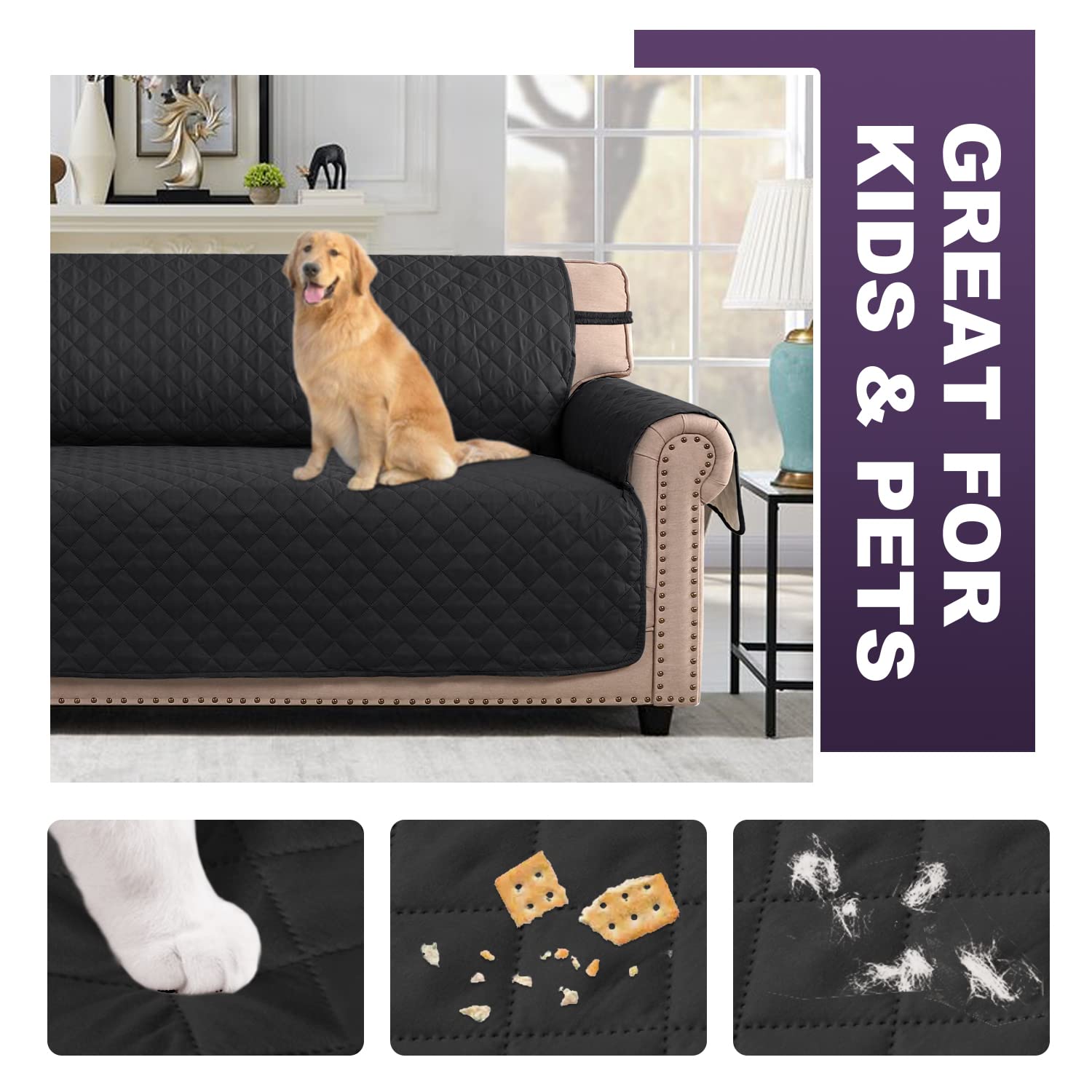 Reversible Quilted Sofa Slipcover - Water Resistant Furniture Protector with Elastic Straps for Pets & Kids (Oversized Sofa, Black/Grey) - Perfect for Pet Owners, Families & Home Decor Refresh | MeilleMaison