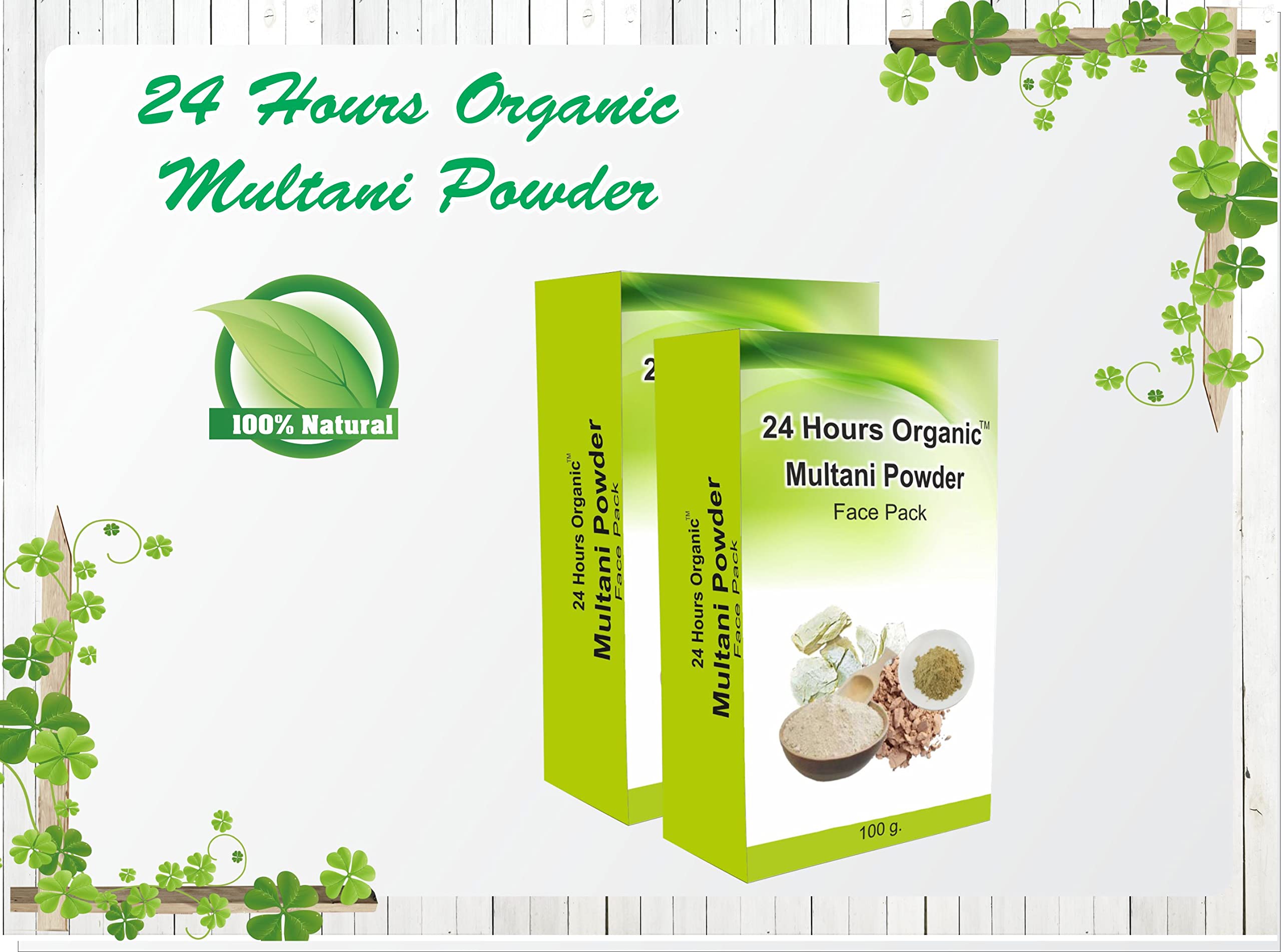 24 Hours Organic Multani Mitti Powder for Face Pack - 100% Pure & Natural Fuller's Earth Bentonite Clay - Anti-Tan & Skin Brightening - 100g with Free Rose Water - Perfect for Glowing Skin, Acne Treatment & DIY Beauty Masks at Home
