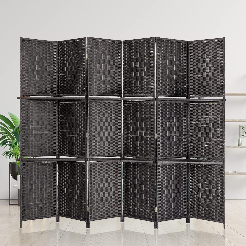 6 Panels Tall Room Divider Screen - 6FT Extra Wide Woven Fiber Privacy Partition with 2 Shelves, Double Hinged Folding Design - Freestanding Room Separator for Home Office, Bedroom, Studio (Black)