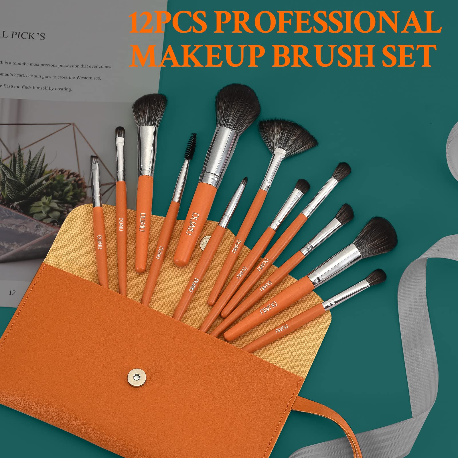 DUAIU 12Pcs Professional Makeup Brush Set - Premium Synthetic Kabuki, Foundation, Blending, Face Powder, Blush, Concealer & Eyeshadow Brushes Kit with Travel Pouch - Perfect for Daily Makeup, Contouring & Professional Makeup Artists