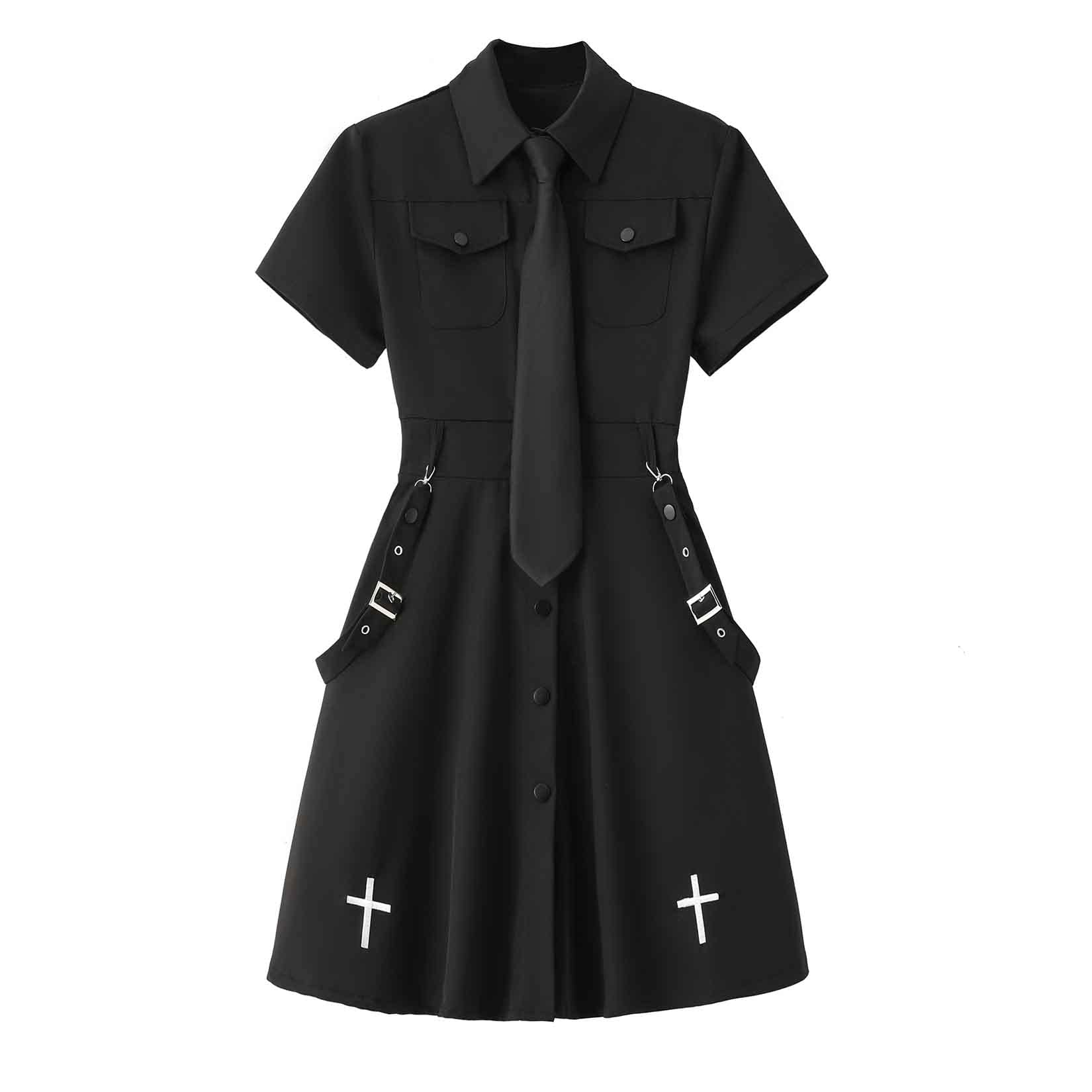 Gothic Black Dress for Women - Summer Academy Style with Tie Cross Detail | Retro Harajuku Emo Fashion | Perfect for Parties, Concerts, and Gothic Events
