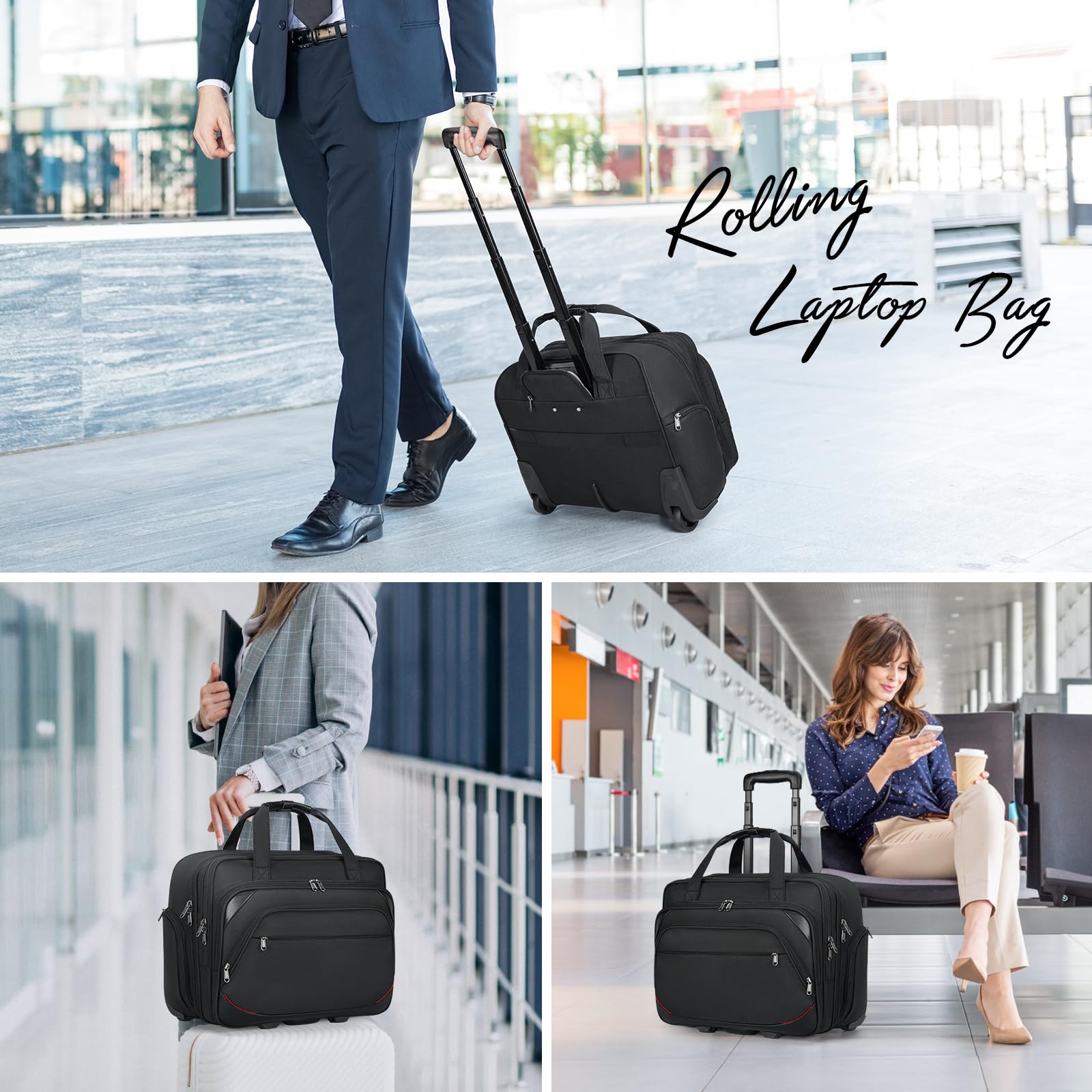 NUBILY 17.3 Inch Rolling Laptop Bag - Waterproof Wheeled Briefcase for Men & Women with RFID Pockets, Underseat Carry-On Luggage for Business Travel, Office & Airplane Use (Black)