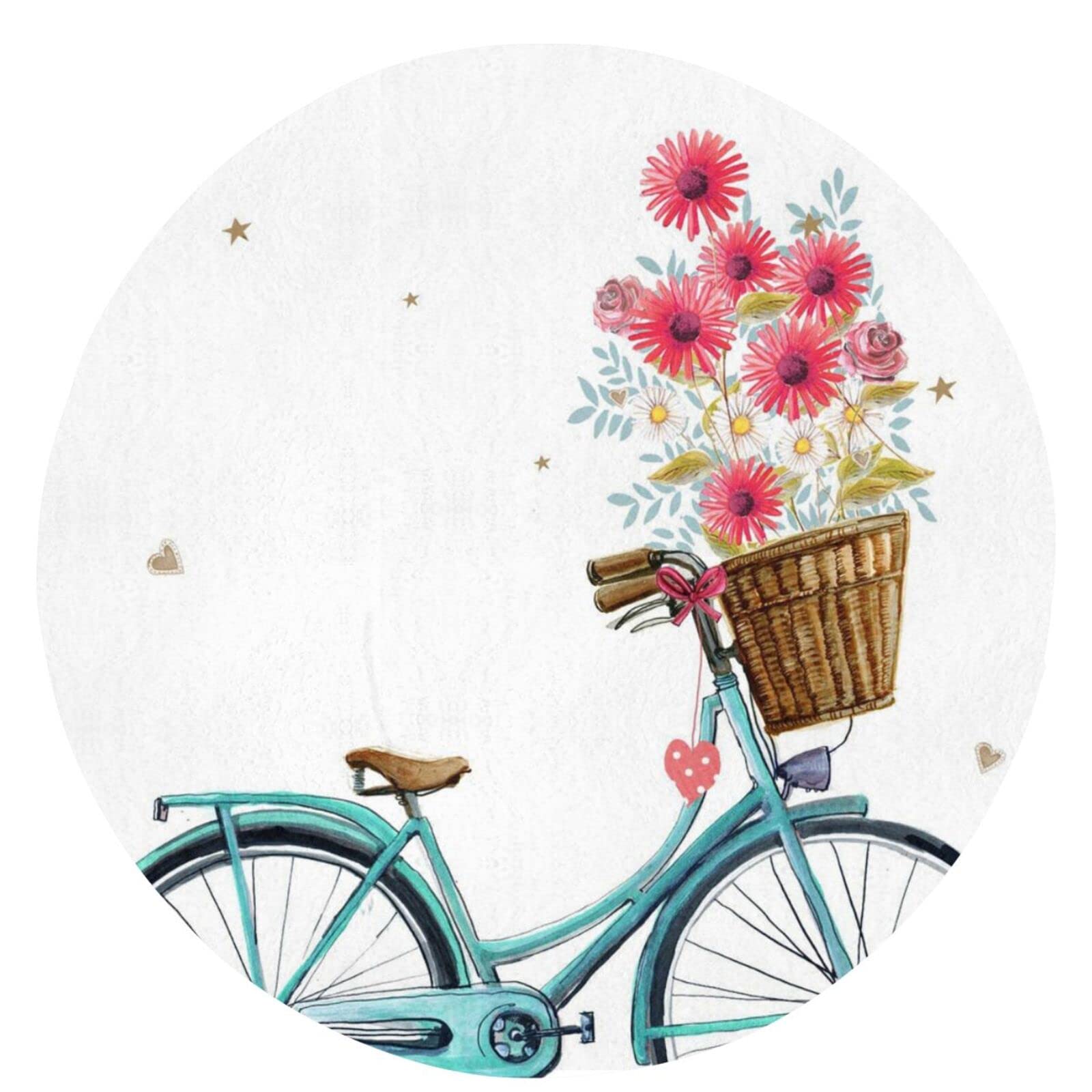 Non-Slip Round Bath Mat - 23.6 Inch Blue Bicycle Flower Design for Bathroom, Kitchen, Indoor & Outdoor Use - Waterproof & Durable Floor Rug for Shower, Laundry Room, and Entryway