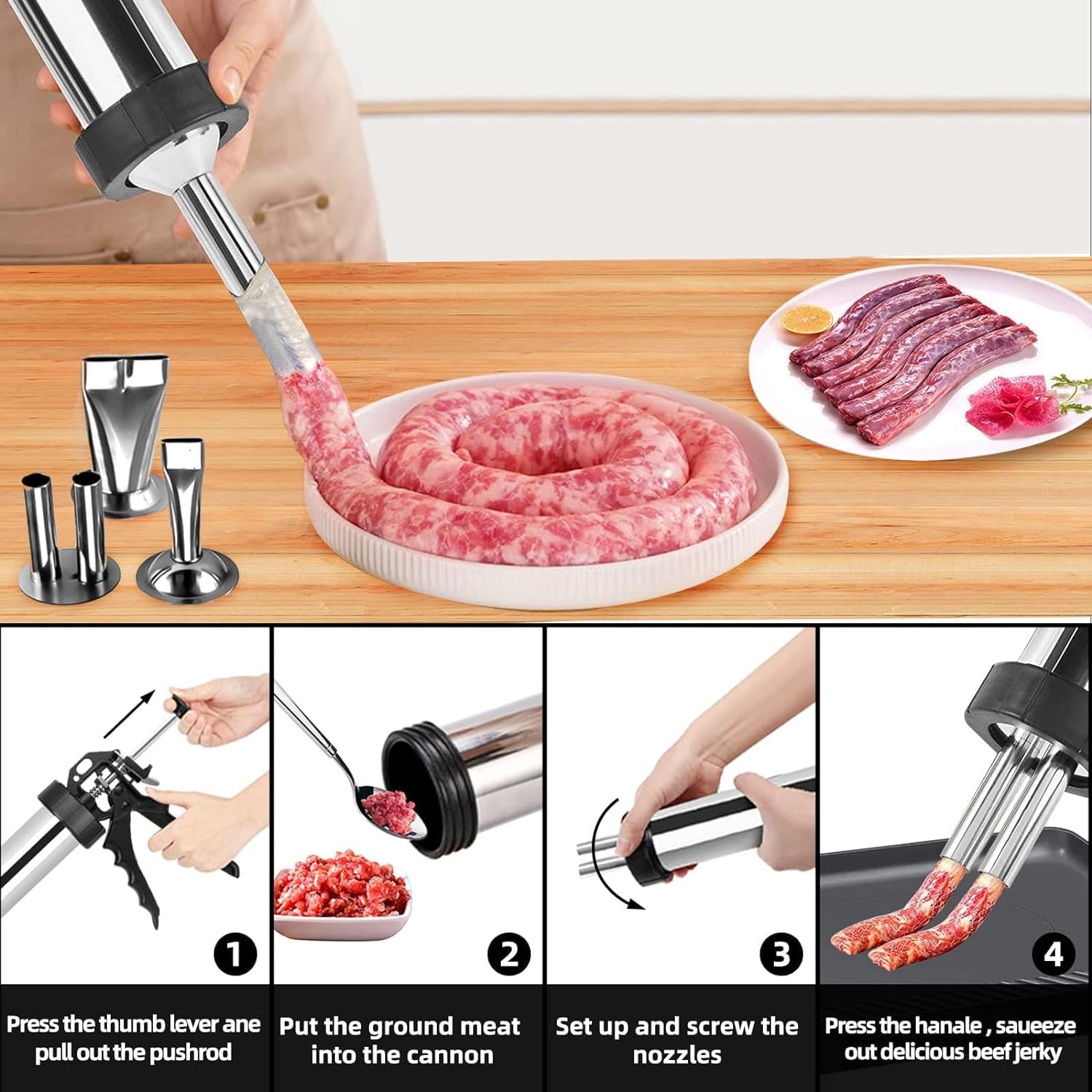 Professional Stainless Steel Beef Jerky Gun Kit - Large Capacity Jerky Maker & Meat Cannon for Homemade Snacks | Perfect for Camping, Hiking & Outdoor Adventures