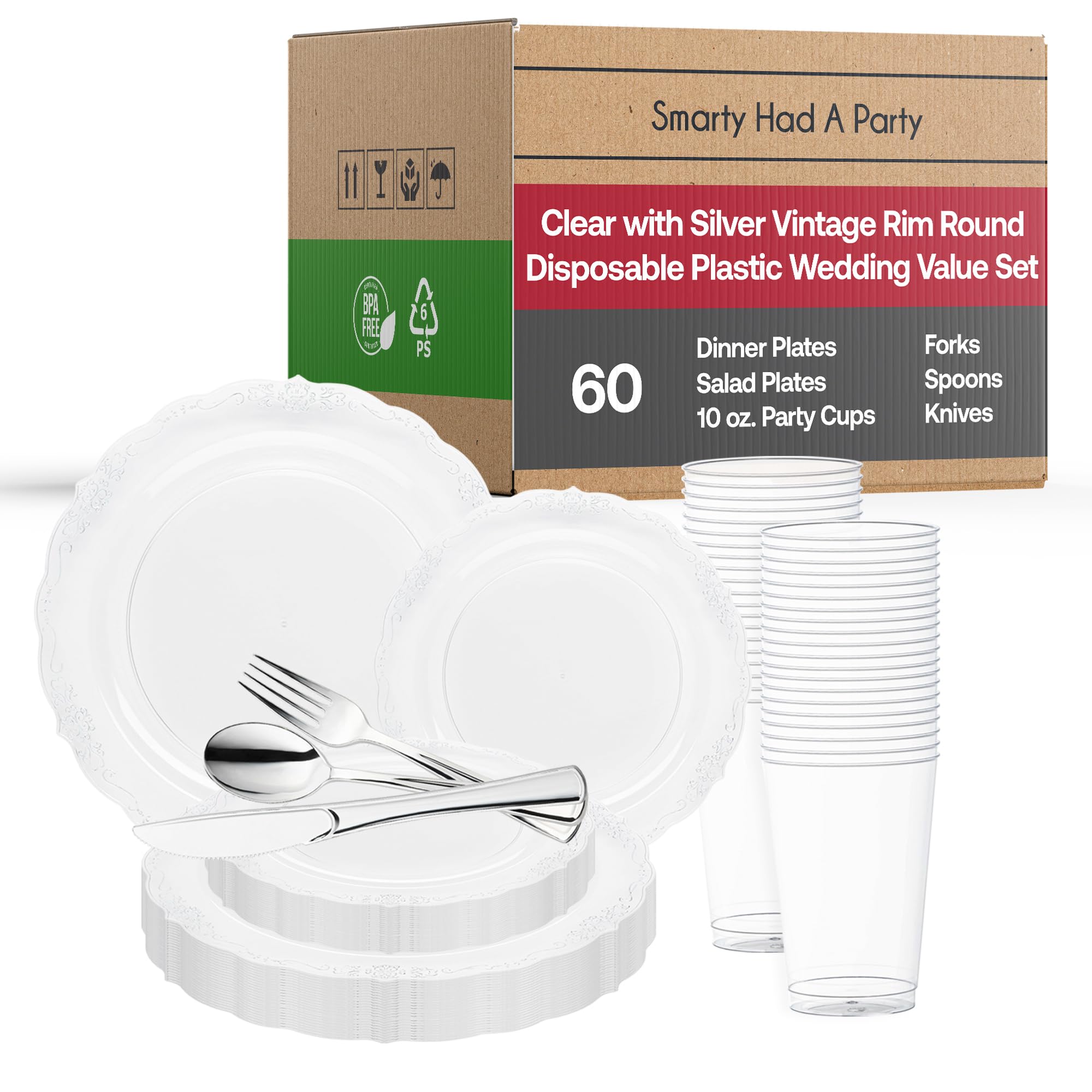 Elegant Disposable Plastic Plates for Party - 60-Piece Clear with Silver Wedding Dinnerware Set | Perfect for Weddings, Birthdays, Catering & Outdoor Events