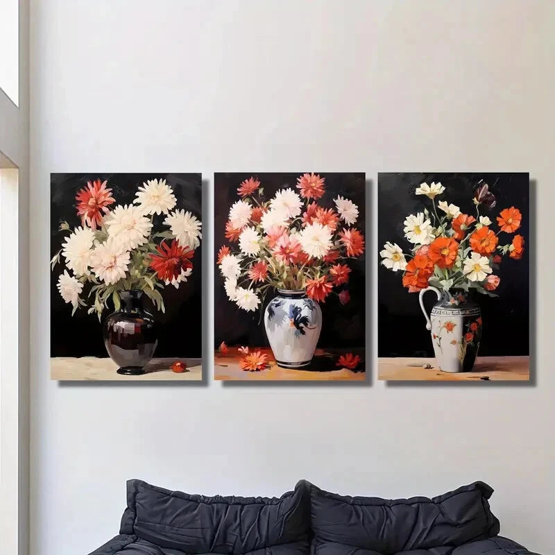 3-Piece Ink Floral Vase Metal Wall Art Prints - Modern Classic Ready to Hang Home Decor for Living Room, Bedroom & Office