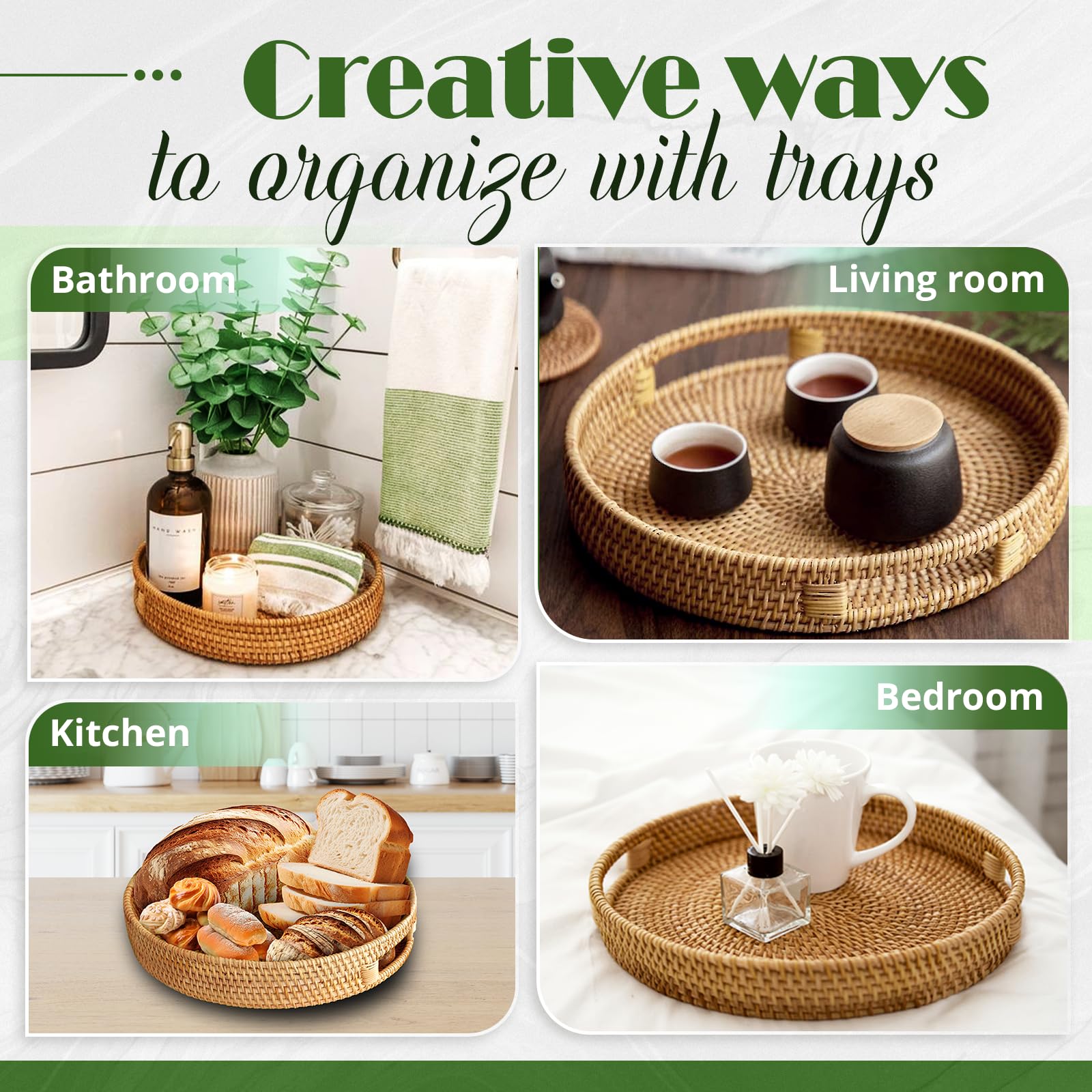 Handwoven 13.8'' Round Rattan Tray - Natural Wicker Coffee Table Tray with Handles - Ottoman Serving Tray for Living Room, Bedroom & Outdoor Use - Eco-Friendly Home Decor Accessory
