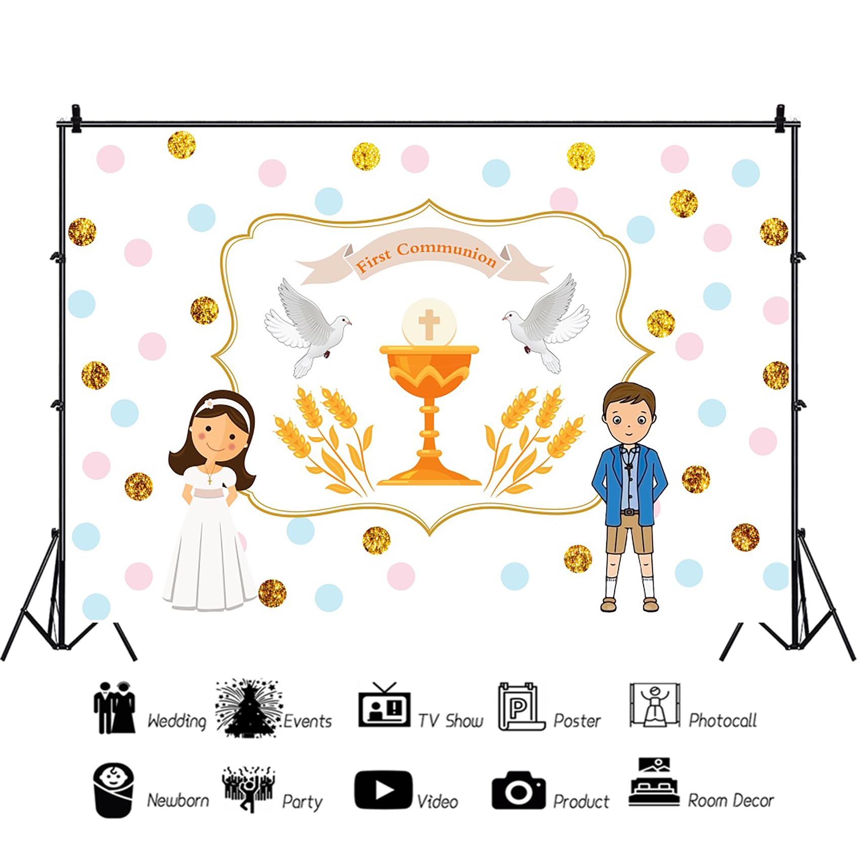 Baocicco 5x3ft First Communion Backdrop - Christian Photography Background with Holy Cross, Grail, Peace Dove & Wheat for Baptism, Religious Activities - Perfect for Boys & Girls Communion Photography (Church Events, Baptism Ceremonies, Sunday School Decor)