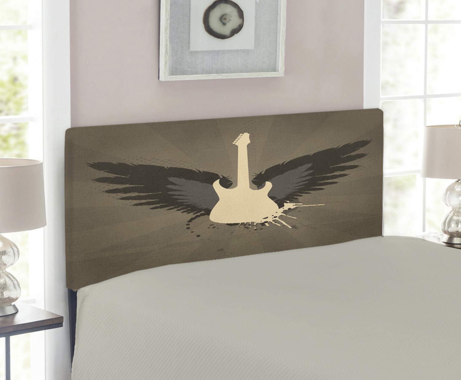 Ambesonne Modern Upholstered Headboard - Music Theme Rock Talent Wings Guitar Art Print, Twin Size, Charcoal Grey & Mustard - Memory Foam Support for Bedroom Decor | Perfect for Music Lovers & Rock-Themed Bedrooms