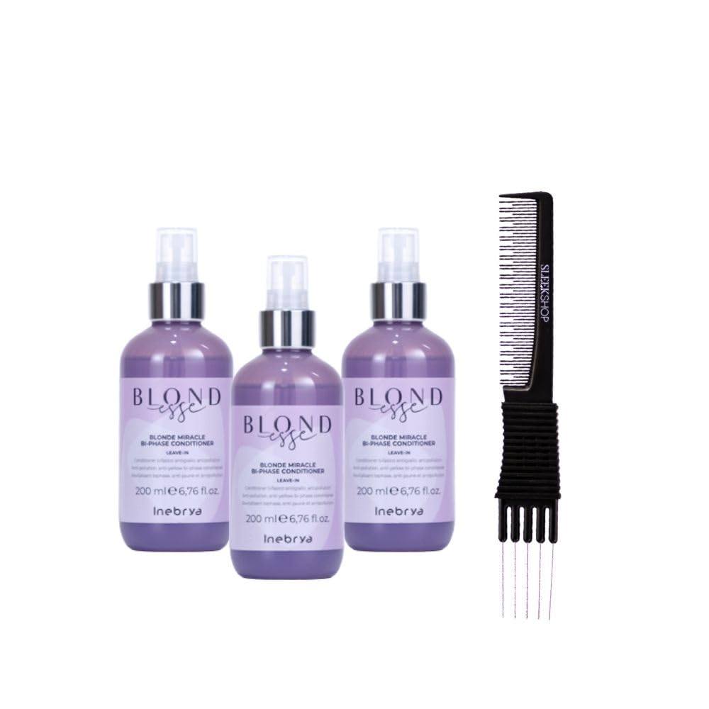 Kuss Inebrya Blondesse Blonde Miracle Bi-Phase Conditioner (6.76 oz) with Teasing Comb - Pack of 3 for Blonde Hair Care - Salon Quality Purple Toning Treatment for Brassiness - Perfect for Color-Treated & Highlighted Hair at Home