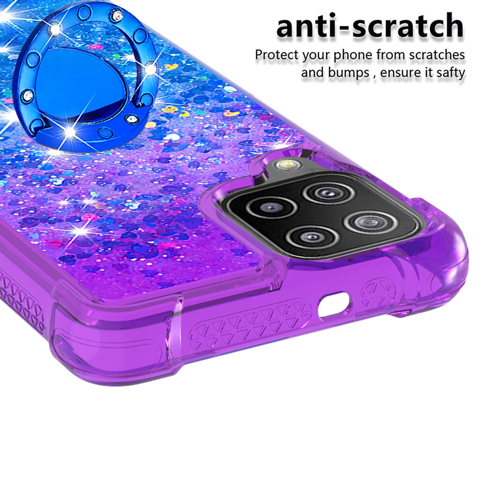 Samsung Galaxy A22 4G Case with Ring Holder - Clear Gradient Quicksand Glitter TPU Cover (Not for 5G Model) | Floating Liquid Design in JB Purple Navy | Perfect for Daily Use, Work & Travel Protection