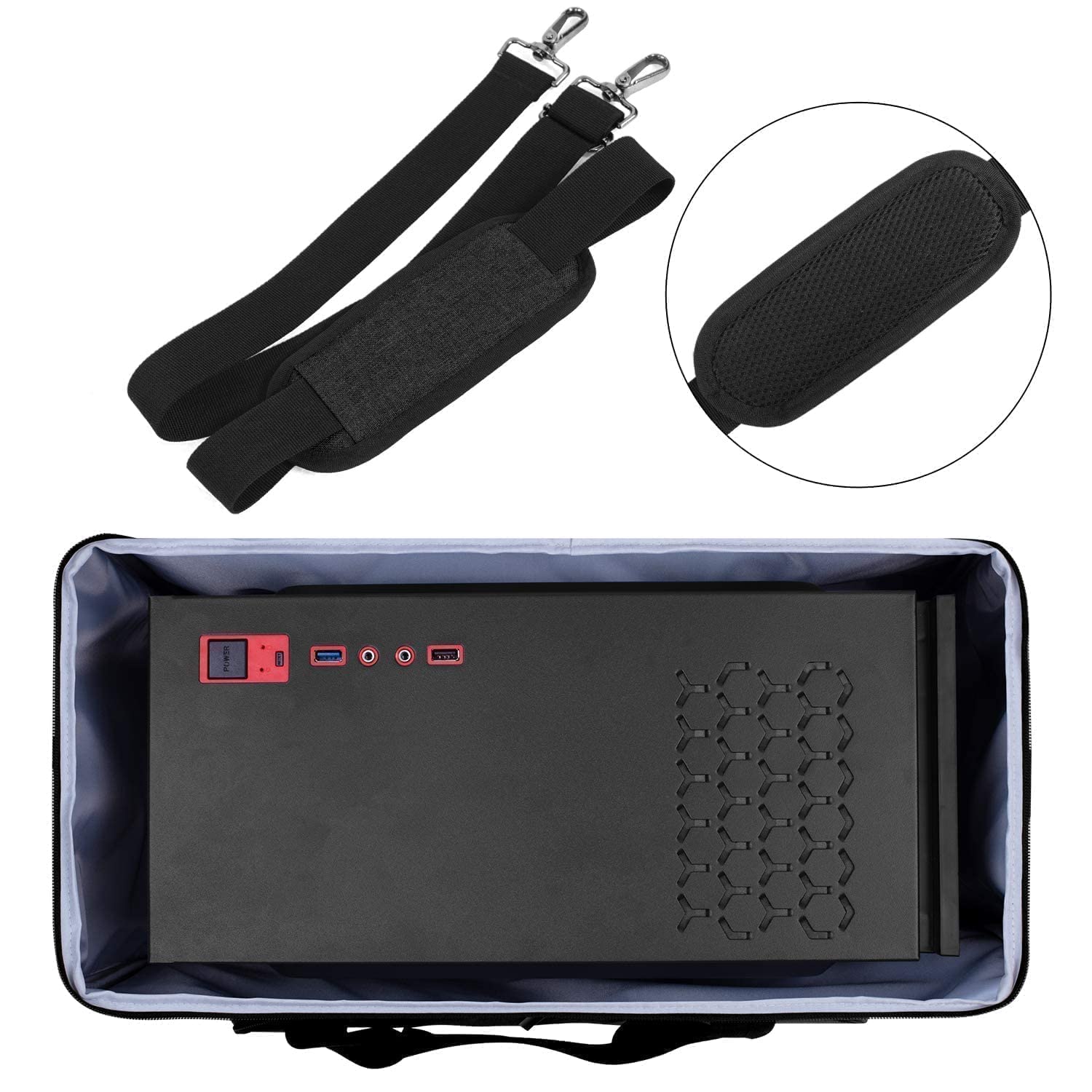CURMIO Rolling Desktop Computer Travel Bag with Wheels - Double Layer PC Tower Carrying Case with Detachable Dolly for PC Chassis, Keyboard & Mouse - Patented Design for Office, Gaming & Business Travel