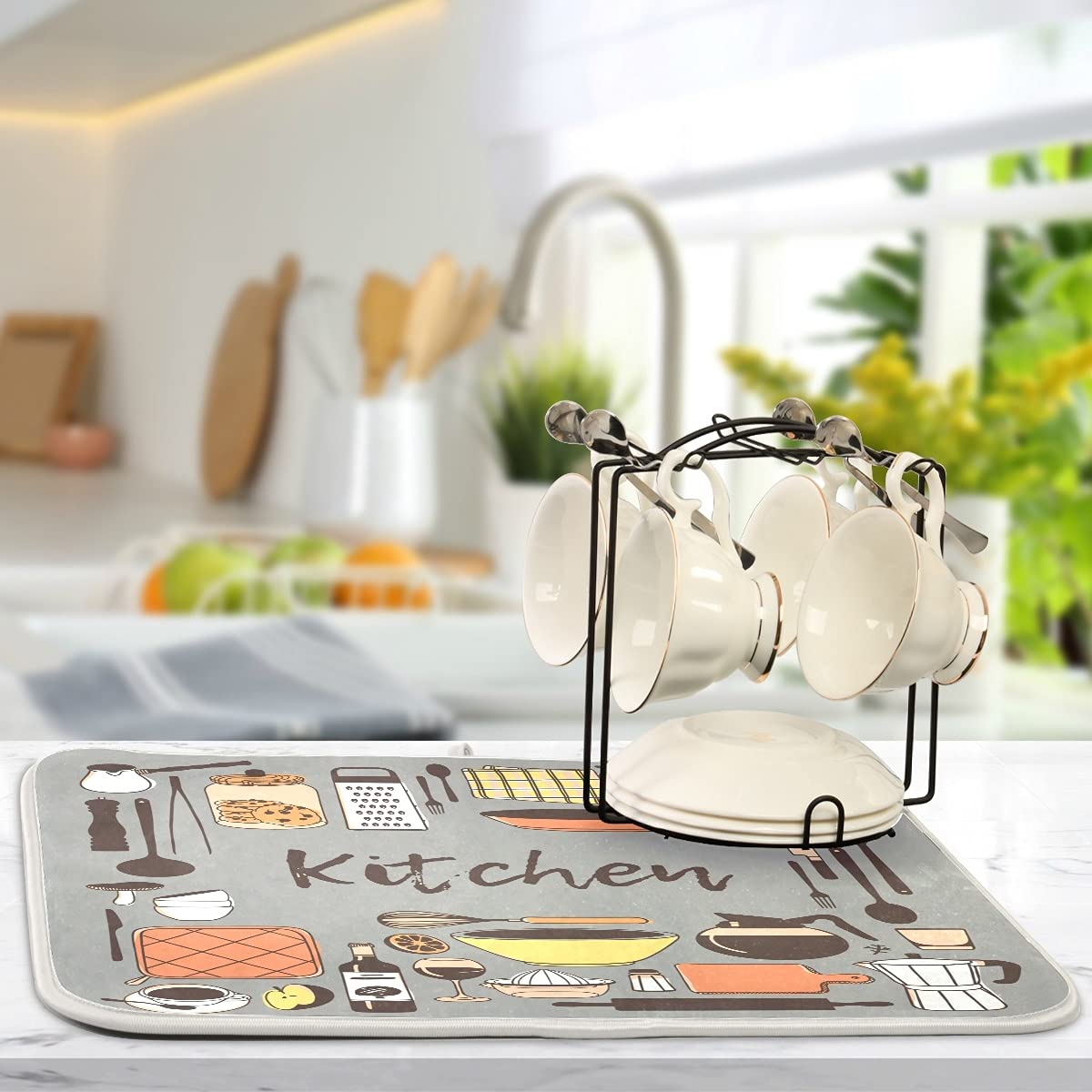 Microfiber Dish Drying Mat 18x24 - Grey Reversible for Kitchen Counter | Fast Absorbent Dishes Pad for Drain Rack & Counter Protection
