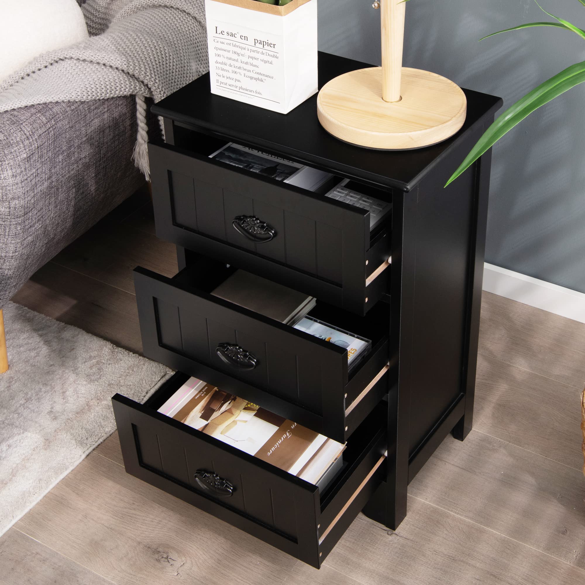 Modern Black Bathroom Storage Cabinet with 3 Drawers & Anti-Tip Strap - Perfect for Small Spaces & Home Organization