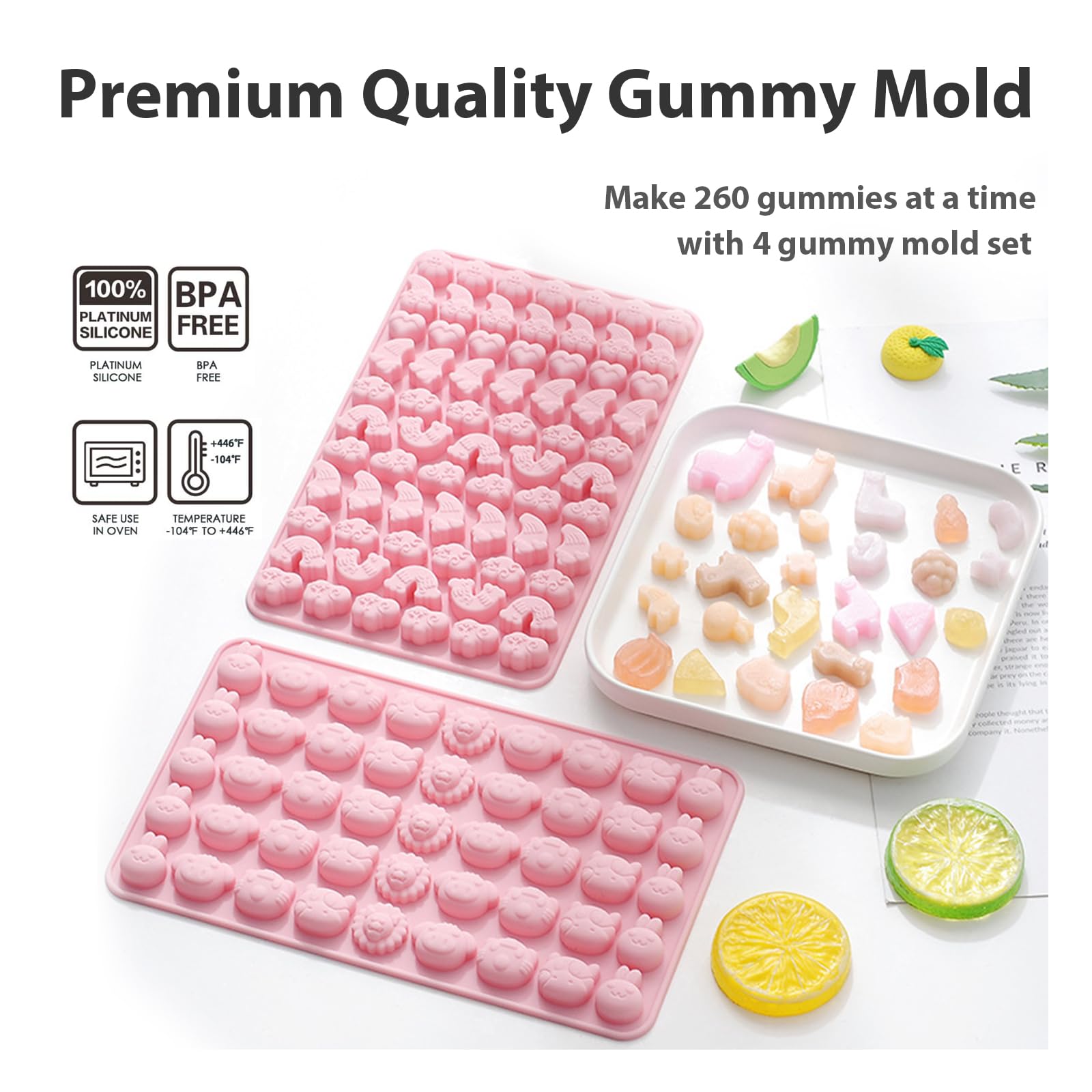 Premium Non-Stick Silicone Candy Molds - 4 Pack with 2 Droppers for Gummy Bears, Chocolate & Gelatin (260 Designs: Alpaca, Clover, Animals, Rainbow & Cloud) - Perfect for DIY Candy Making, Birthday Parties & Baking Decorations