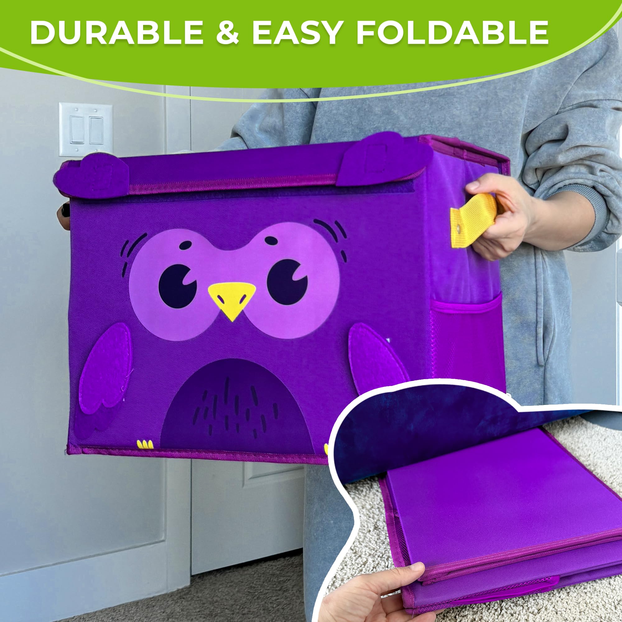 QUOKKA 16x12x10 Inch Owl Toy Storage Box - Collapsible Fabric Toy Chest with Handles & Flip-Top Lid for Kids Playroom & Nursery Organization | Perfect for Stuffed Animals, LEGO Blocks & Kids Toys Storage