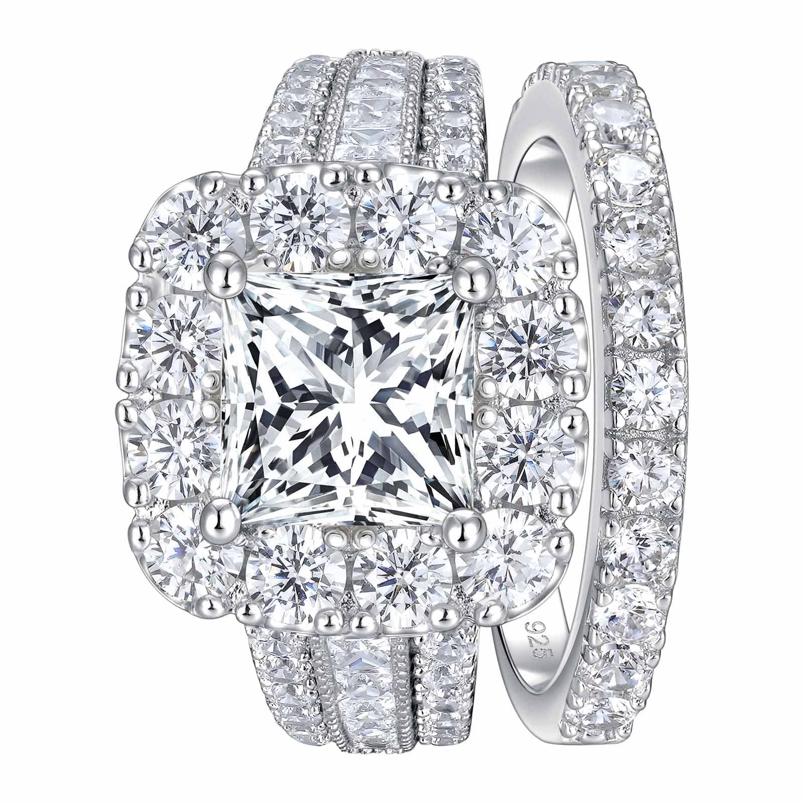 SHELOVES 925 Sterling Silver Bridal Ring Set for Women - Princess Cut Cubic Zirconia Engagement & Wedding Ring Set, Fake Diamond Rings Size J 1/2 to T 1/2 - Perfect for Proposals, Anniversaries & Bridal Jewelry Gifts