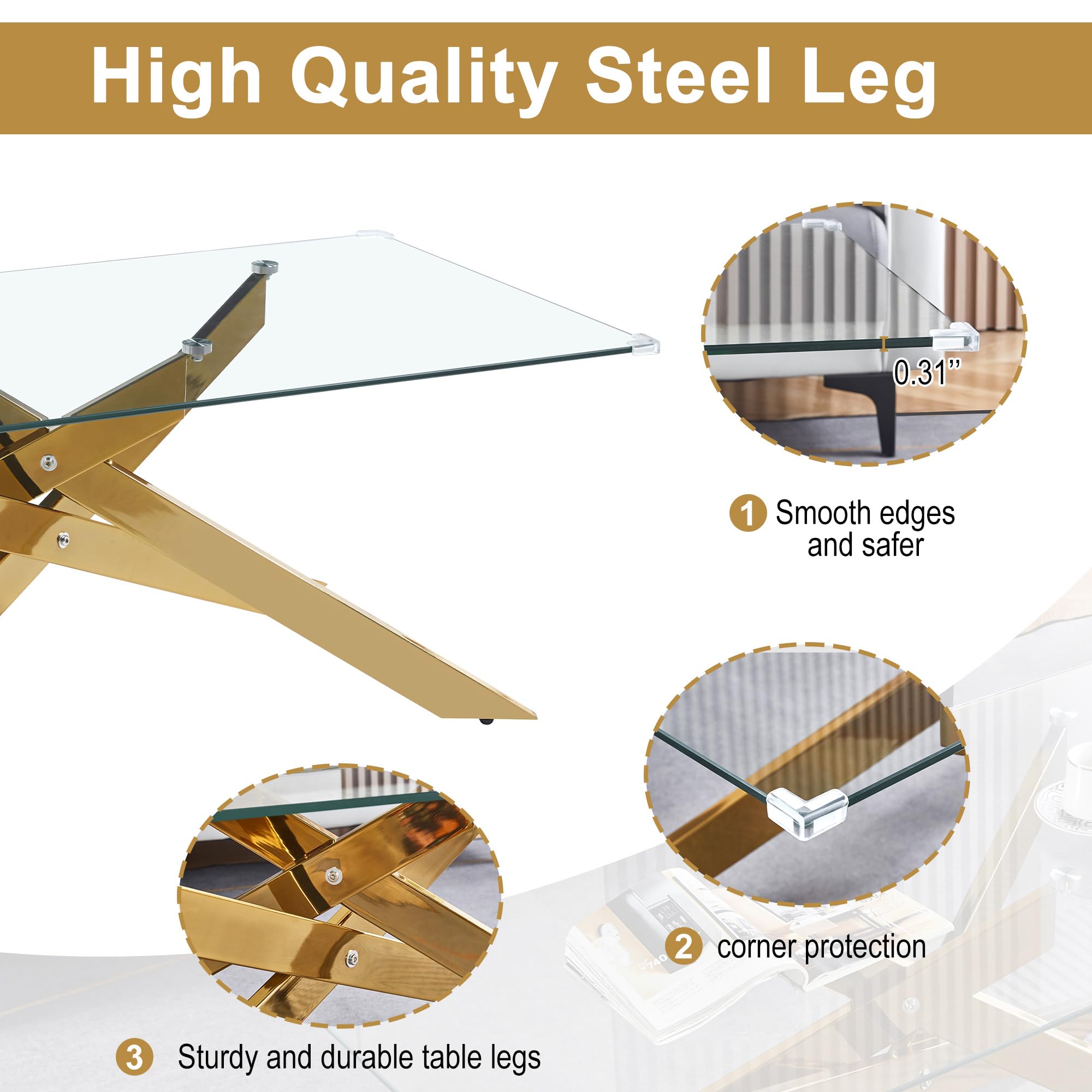 Gold Glass Coffee Table and End Table Set of 3 - Modern 3-Piece Living Room Table Set with Tempered Glass & Geometric Gold Metal Legs for Bedroom, Home Office - Perfect for Small Spaces, Apartments and Contemporary Decor
