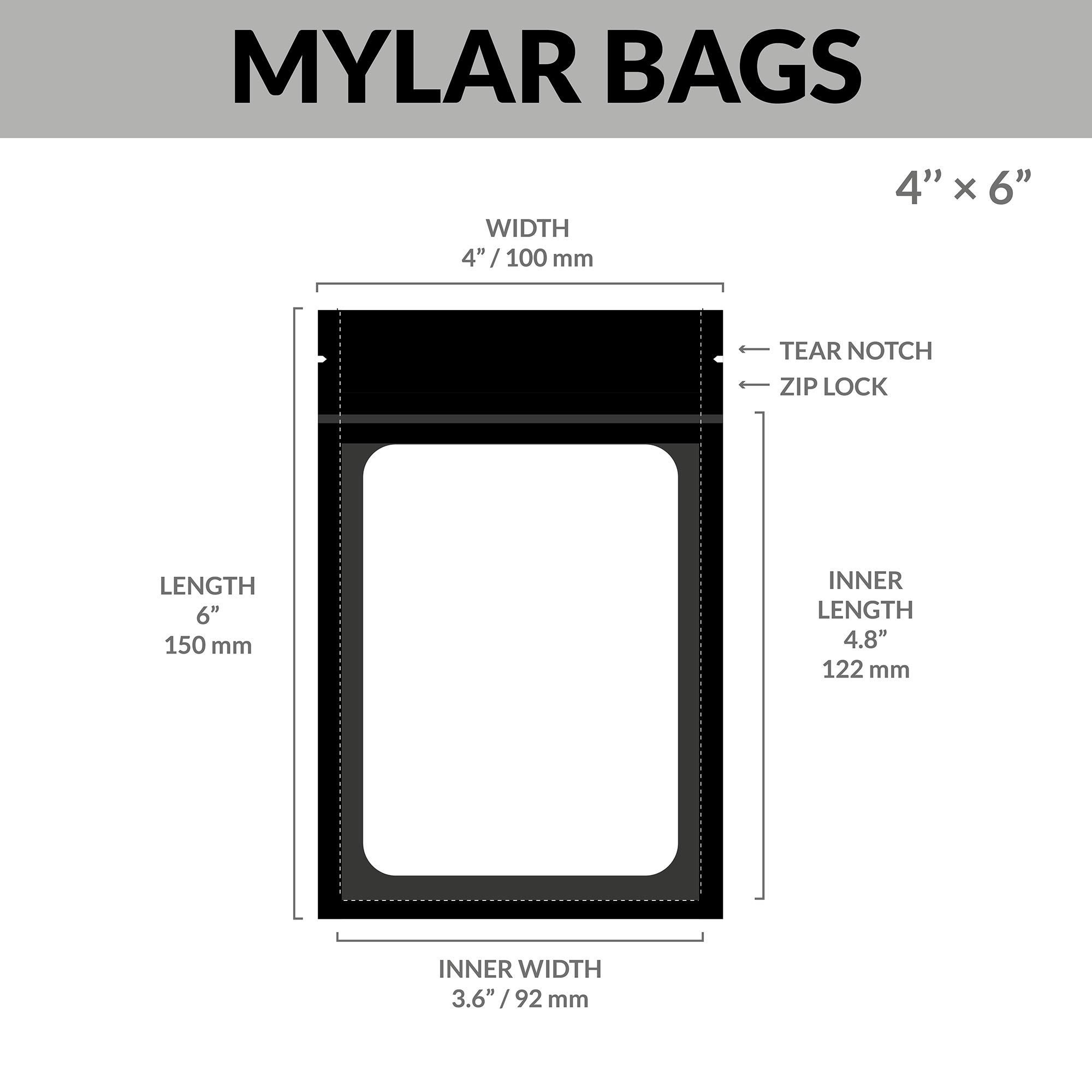 4 x 6 Inch Mylar Bags with Zipper - 100 Pack Black Resealable Food Storage Bags | Heat Sealable for Candy, Snacks, Coffee, Nuts, Spices | Ideal for Food Packaging, Medication & Vitamin Storage | Airtight Protection for Liquids & Dry Goods