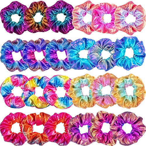 24-Piece Shiny Metallic Scrunchies Hair Ties - Elastic Hair Bands for Women & Girls - Rainbow Colors Hair Accessories - Perfect for School, Work, Parties & Everyday Styling