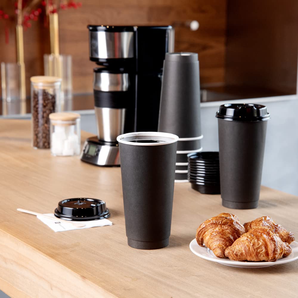 20oz Disposable Coffee Cups - 250 Pack Insulated Double Wall Paper Cups, Leakproof Black Hot Beverage Cups with Rolled Rim for Coffee, Tea, Hot Chocolate - Perfect for Restaurants, Cafes, Office Breakrooms & Catering Events